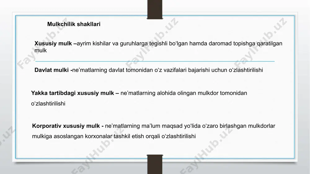 r. fuqarolik kodeksining 170-moddasi yerga va boshqa tabiiy resurslarga bo‘lgan mulk huquqini fuqarolik kodeksi bilan birgalikda boshqa qonunlarda ham belgilanishini ko‘zda tutadi. yerlarni davlat nomidan tassaruf etishni o‘zbekiston respublikasi vazirlar mahkamasi, mahalliy davlat hokimiyati organlari amalga oshiradi. mazkur organlarning tabiiy resurlarni tasarruf etish bo‘yicha vakolatlari yer kodeksi, mazkur organlar to‘g‘risidagi qonun hujjatlarida belgilangan. o‘zbekiston respublikasi yer kodeksining 18-moddasida yer uchastkasini xususiy mulk huquqi asosida berish hollari belgilangan. shuni ta‘kidlab o‘tish lozimki, amaldagi qonun hujjatlariga muvofiq faqat mazkur normada qayd etilgan hollardagina yer uchastkasiga nisbatan yuridik va jismoniy shaxslarning mulk huquqi vujudga kelishi mumkin. . yerga nisbatan mulk huquqining sub’ektlari va ob’ektlari. yer uchastkalariga bo‘lgan mulk huquqining sub’ektlari yer va boshqa ko‘chmas mulkdan maxsus yo‘nalishda foydalanadigan yuridik va jismoniy shaxslar yerlarga nisbatan mulk huquqining ob’ekti umumiy ko‘rinishda yer fondi yoki aniq ko‘rinishda yer uchastkalari o‘zbekiston hududidagi barcha yerlar, mulk, egalik va foydalanish huquqi asosida yuridik va jismoniy shaxslarga tegishliyligidan qat’iy nazar …