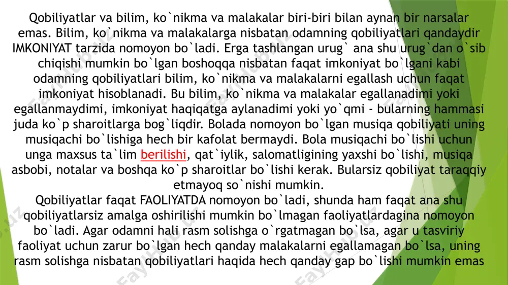 irini belgilovchi birdan-bir ko`rsatgich sifatida qo`llanilishi mumkin emas. kreativlik (ijodiy qobiliyatlar). ko`rsatib o`tganimizdek birgina iq (intellekt koeffitsienti) asosida kishini ishga qabul qilish, uning imkoniyatlarini baholash noto`g`ri bular edi. shu sababli 50 yillardan boshlab aqliy rivojlanishni o`rganish bilan bir qatorda kishining ijodiy qobiliyatlarini ham o`rganish va o`lchashga katta e`tibor berib boshlandi. bu borada maxsus testlar yaratildi."intellekt" tushunchasi ko`proq psixologiyadagi konvergent tafakkur tushunchasiga mos keladi - birdan-bir to`g`ri javobni izlash va unga keltirishga yo`nalgan. "kreativlik" tushunchasi esa ko`proq divergent tafakkur tushunchasiga mos keladi. divergent tafakkur, bu turli tomonlarga tarmoqlanuvchi, bir vaqtning o`zida turli yo`nalishlarga tarqaluvchi, ko`plab echim variantlarni yaratishga yo`nalgan tafakkur. shu sababli divergent tafakkur kutilmagan natija va yechimlarga olib keladi. ijodiy qobiliyatlarni (kreativlik) baholashda berilgan vazifani echishning "engilligi", "moslashuvchanligi va egiluvchanligi", "orginalligi"ga e`tibor beriladi. kreativlik (umumiy ijodiy qobiliyat) bilimlarni uzgartirishni xarakterlaydi. kreativlik xayol, fantaziya, gipoteza (faraz) qo’yish jarayonlari bilan bog’liq. intellekt esa uzlashtirilgan bilimlarni amalda qo’llash, mavjud bilimlarga tayanib masalani hal …