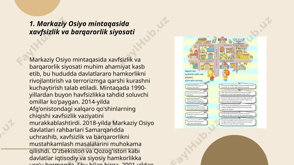 tirilgan suv siyosatini amalga oshirishni boshladilar. har yili amudaryo va sirdaryo havzalaridan 100 kub kilometrdan ortiq suv ichiladi, ammo taqsimot adolatsizligi sababli mintaqadagi ziddiyatlar saqlanib qolmoqda. 2018-yilda davlatlar suv resurslarini yaxshiroq boshqarish uchun suv aylanishini va suv tejamkorligini oshirish bo'yicha bir qator kelishuvlarga erishdilar. ... t.me/slaydai_bot markaziy osiyo davlatlari geosiyosiy jihatdan strategik hududda joylashgan. mintaqa rossiya, xitoy va eronga yaqinligi sababli, ularning global kuchlar o'rtasidagi raqobatda muhim o'ringa ega. shu bilan birga, ushbu hudud yer osti boyliklariga, xususan tabiiy gaz va neftga boy. turkmaniston dunyodagi eng yirik tabiiy gaz zaxiralaridan biriga ega. qirg'iziston va tojikiston suv resurslari va gidroenergiya salohiyati bilan ajralib turadi. o'zbekiston esa aholisi soni 35 milliondan ortiq bo'lib, mintaqada demografik jihatdan eng yirik hisoblanadi. qozog'iston yer maydoni bo'yicha yetakchilik qiladi, bu esa transport-logistika qobiliyatlarini oshiradi. ... t.me/slaydai_bot 7. rossiya bilan strategik aloqalar o'rnatilishi rossiya bilan strategik aloqalar o'rnatish maqsadida, ikki tomonlama savdo hamkorligi va energetika sohasida qo'shma …