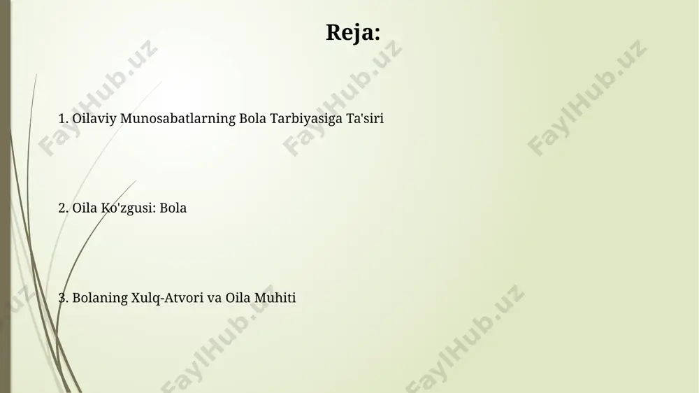 salbiy ta'sir ko'rsatishi mumkin, ayniqsa, farg'ona vodiysida yashovchi oilalarda. oiladagi munosabatlarning 70%i, xususan, ota-onalar o'rtasidagi munosabatlar, bolaning hissiy rivojlanishiga, 5 yoshgacha bo'lgan davrda uning shaxsiyatining 80%ini shakllantiradi, toshkentdagi tadqiqotlar shuni ko'rsatmoqda. bola orqali oiladagi muammolarni aniqlash bolaning jismoniy rivojlanishidagi kechikishlar, masalan, 2 yoshda gapirishni boshlamasligi yoki 3 yoshida yurishni o'rganmasligi, oiladagi e'tiborsizlik yoki noto'g'ri tarbiya usullarining belgisi bo'lishi mumkin, andijon tumanidagi pediatrlarning kuzatuvlariga ko'ra. bolaning 5 yoshgacha bo'lgan davrida namoyon bo'ladigan qo'rqinch va tashvish his-tuyg'ulari, masalan, tungi qo'rquv yoki o'z-o'zini emish kabi xatti-harakatlar, oila ichidagi yashirin stress va nizolarni ko'rsatishi mumkin, ayniqsa toshkent shahridagi oilalarda. oilaviy munosabatlar va bolaning xulq-atvori oiladagi zo‘ravonlikning 30%i bolaning agressiv xulq-atvoriga, 15%i esa ijtimoiylashish muammolariga olib keladi, degan tadqiqot natijalari samarqand viloyati maktablarida o‘tkazilgan. toshkent shahridagi 500 ta oilani o‘rganish natijalariga ko‘ra, oila a’zolari orasidagi ochiq muloqotning etishmasligi bolalarda 70% hollarda o‘ziga ishonchsizlik va ruhiy tushkunlikni keltirib chiqaradi. sog'lom oila, sog'lom bola “sog'lom oila, sog'lom …