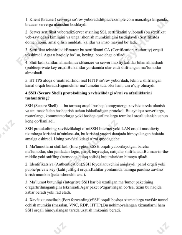 i rejalashtirish (sniffing) va analiz qilish uchun ishlatiladigan kuchli, bepul va ochiq kodli dastur. u sizga real vaqt rejimida tarmoqda qanday protokollar ishlayotganini ko‘rsatadi va har bir paket haqida chuqur ma’lumot beradi. wireshark yordamida tarmoqdagi protokollarni aniqlash va tahlil qilish:quyidagi bosqichlar orqali siz tarmoqda ishlayotgan protokollarni kuzatishingiz va tahlil qilishingiz mumkin: 1. wireshark dasturini ishga tushiringkompyuteringizda wireshark dasturini oching.administrator huquqlari bilan ishga tushirilsa, barcha tarmoq interfeyslariga kira oladi. 2. tarmoq interfeysini tanlang "capture" menyusidan kerakli interfeys (masalan: ethernet, wi-fi) ni tanlang.tugmani bosgach, dastur real vaqt rejimida tarmoq trafikini tutishni boshlaydi. 3. protokollarni kuzatish paketlar ro‘yxatida "protocol" degan ustun mavjud.bu ustunda siz har bir paket uchun ishlatilgan protokol turini ko‘rasiz: masalan, tcp, udp, http, https, dns, arp, icmp, ftp, ssh va boshqalar. 4. protokollarni filtrlash (filter qo‘llash)wireshark sizga kerakli protokolni ajratib olish uchun display filter funksiyasini beradi. masalan:misol: http deb filterga yozsangiz, faqat http paketlar ko‘rsatiladi. 5. har bir paketni tahlil …
