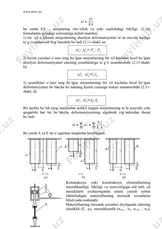 sissa o`qidagi hamma qiymatlarni mos ravishda l0 marta, ordinata qiymatlarini esa a0 marta kamaytirish yo`li bilan osongina shartli kuchlanish diagrammasiga o`tish mumkin (2.16-shakl). shuni qayd etib o`tish kerakki, shartli kuchlanish diagrammasi garchi ko`rinishi jihatidan birlamchi diagrammaga o`xshasa-da, lekin u faqat namunaning emas, balki materialning mexanik xossasini tavsiflaydi. endi diagrammalardagi tavsifli nuqta va zonalarni qayd etib, namunaning deformatsiyalanish jarayonini tahlil qilamiz. cho`zilish diagrammasini taxminan to`rtta zonaga ajratish mumkin. diagrammaning ob qismiga elastik zonasi deyiladi; bu zonada kuch (kuchlanish) bilan absolyut (nisbiy) deformatsiya orasida to`g`ri mutanosib bog`lanish bo`lib, material guk qonuniga to`la bo`ysunadi. kuchlanish diagrammasidagi nuqtaning holati mutanosiblik chegarasi deyiladi va quyidagicha aniqlanadi: bu yerda fmut — mutanosiblik chegarasiga mos kelgan kuch. mutanosiblik chegarasi deb, shunday eng katta kuchlanishga aytiladiki, ungacha material guk qonuniga to`la bo`ysunadi. oa to`g`ri uchastkaning abssissa o`qiga og`ish burchagining tangenisi elastiklik moduliga teng bo`ladi. a nuqtadan boshlab diagramma egrilana boshlaganligi sababli guk qonuni buziladi. diagrammaning egri chiziqli uchastkasida …