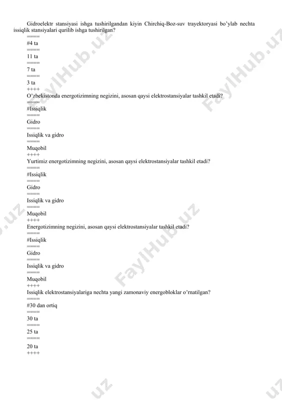 quvvati boʼyicha eng katta gidroelektrstansiya qanday nomlanadi? ==== #chorvoq ==== xodjikent ==== taxia-tosh ==== bo’z-suv ++++ yurtimizda quvvati boʼyicha eng katta gidroelektrstansiya qanday nomlanadi? ==== #chorvoq ==== xodjikent ==== taxia-tosh ==== bo’z-suv ++++ o’zbekistonda quvvati boʼyicha eng katta gidroelektrstansiya qanday nomlanadi? ==== #chorvoq ==== xodjikent ==== taxia-tosh ==== bo’z-suv ++++ 1991-yilda elektrostansiyalarning oʼrnatilgan quvvati qancha? ==== #5283 mvt soat ==== 5273 mvt soat ==== 5293 mvt soat ==== 5263mvt soat ++++ elektr energiya qaysi elektr stansiyalarda eng koʼp ishlab chiqariladi? ==== #issiklik ==== gidro ==== atom ==== muqobil ++++ hozirgi kunda o’zbekiston elektroenergetika vazirligi qarmogʼida nechta viloyat elektr taromoqlar korxonalari ishlab turibdi? ==== #15 ta ==== 14 ta ==== 16 ta ==== 13 ta ++++ hozirda yurtimiz elektroenergetika vazirligi qarmogʼida nechta viloyat elektr taromoqlar korxonalari ishlab turibdi? ==== #15 ta ==== 14 ta ==== 16 ta ==== 13 ta ++++ suv xoʼjaligidagi nasos stansiyalarda oʼrnatilgan yirik sinxron motorlarni normal ishlashi …