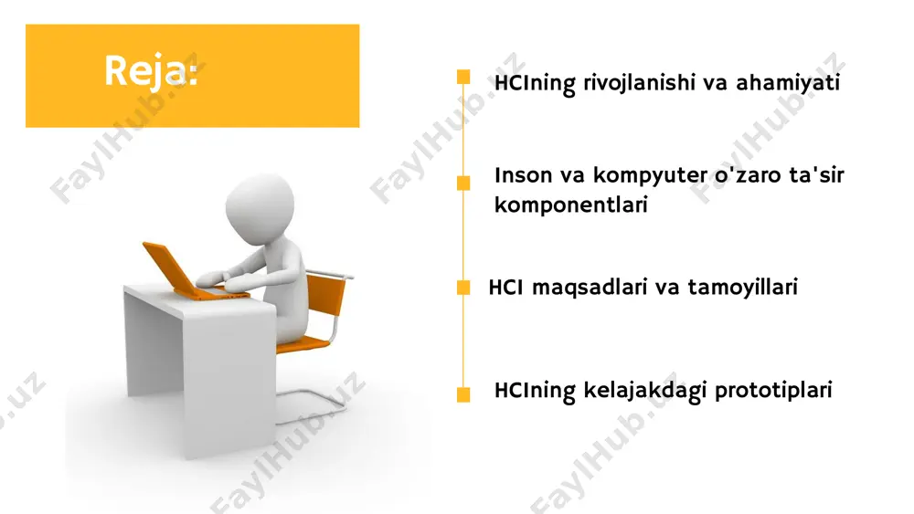 rish mumkin bo'lgan kontekst va muhitda faktoring hamdir. hci ga misollar keltiramiz keling, sohaning rivojlanishini tezlashtirgan ba'zi taniqli hci misollarini ko'rib chiqaylik. hisoblash tizimlari uchun foydalanuvchi interfeyslari haqida to'liq bilimga ega bo'lish. hci maqsadlari foydalanuvchilarga o'z talablariga muvofiq tizimlarga kirish imkonini beruvchi yondashuvlar, strategiyalar va resurslarni yaratish. har doim oxirgi foydalanuvchilarga ustuvor ahamiyat bering va mustahkam hci poydevorini yaratish. foydalanuvchilar tizimlarni sozlash, sinovdan o'tkazish, takomillashtirish va tasdiqlash orqali samarali muloqot qilishlari yoki ular bilan ishlashlari mumkinligiga ishonch hosil qilish. inson va kompyuterning o'zaro ta'siri sohasidagi tadqiqotchilar va dizaynerlar ko'plab tushunchalarni yaratdilar. ushbu qoidalar umumiy me'yorlar va dizayn ko'rsatmalaridan tortib, mavhum dizayn tamoyillarigacha. keling, eng muhim hci ko'rsatmalarini ko'rib chiqaylik. tanishlik va o'rganish uchun dizayn hci tamoyillari e l e m e n t l a r n i o ' q i l i s h i m u m k i n b o ' l g an v …