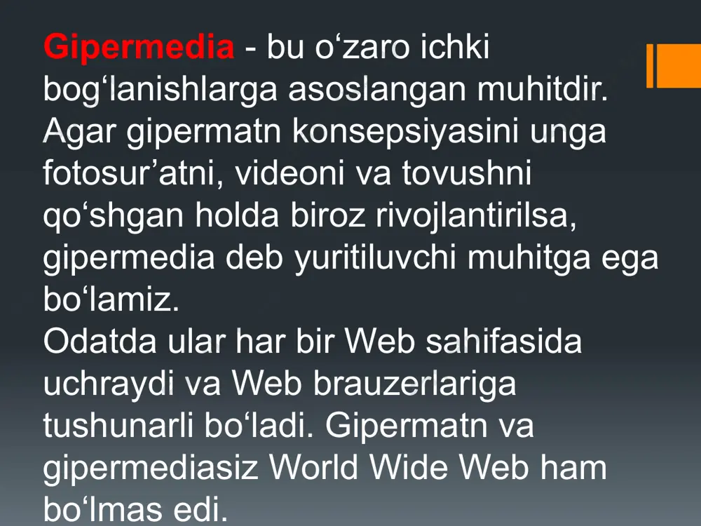 айлик сизда битта ҳужжат учун маълумот кўп ва сиз уни бир неча html файлларга бўлишга қарор килдингиз. у ҳолда асосий web-саҳифада бу ҳужжатнинг ҳар бирига тўлиқ ва осон ўтувчи мурожаатларни жойлаштириш керак бўлади. ҳатто сиз асосий web-саҳифангизни мундарижа кўринишида қилишингиз мумкин ва бунда алоҳида саҳифаларга мурожаат қилинади. дастлаб теги киритилади. тег ўзаг тег деб номланади. у web-саҳифаларга мурожаат учун ишлатилади. href калит сўзи браузерга сиз мурожаат қилаётганингиз ҳақида хабар беради. ёпилувчи тегини эсдан чиқармай ёзиб кетиш керак. misol.htm файлига мурожаатларни яратиш учун қуйидаги кодни киритишингиз керак: мисолни кўриш шундай қилиб «мисолни кўриш» ибораси экранда мурожаат матни кўринишида пайдо бўлади. /docprops/thumbnail.jpeg