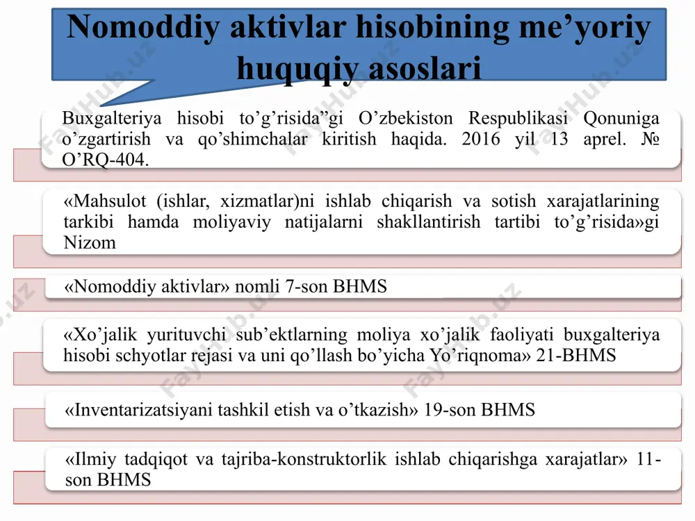 ash xarajatlari franshizalar — bir korxona tomonidan boshqasiga unga qarashli aktivlardan, shu jumladan, savdo markalari va atamalari kabi nomoddiy aktivlardan foydalanish huquqining berilishi, buning ustiga, bevosita belgilanishi bo‘yicha mazkur aktivlardan foydalanish hamda taqdim etiladigan xizmatlar (tovarlar)ning belgilangan sifat standartlariga rioya qilish bunday huquq berilishlarining majburiy sharti hisoblanadi mualliflik huquqlari — ilmiy, adabiy, musiqa yoki boshqa asarlarni nashr qilish, ijro etish yoki boshqa turdagi foydalanish huquqi yer va tabiat resurslaridan foydalanish huquqi — xo‘jalik yoki boshqa maqsadlarda yer va boshqa tabiiy resurslardan foydalanishni ta’minlovchi huquq, ammo yerdan foydalanish huquqi mazkur yer uchastkasini mulk qilib olishni bildirmaydi nomoddiy aktivlarni baholashda «nomoddiy aktivlar» nomli 7-son bhmsga asoslanilish lozim. nomoddiy aktivlarni baholashda quyidagi baho (qiymat)lardan foydalaniladi dastlabki qiymat sotish qiymati tugatish qiymati qoldiq qiymati o‘rnini qoplash qiymati nomoddiy aktivlarni buxgalteriya hisobida hisobga olish uchun quyidagi schyotlar ochilgan 0410-«patentlar, nou-xau va litsenziyalar» 0420-«savdo markalari, tovar belgilari va sanoat namunalari» 0430-«dasturiy ta’minot» 0440-«yer va tabiat resurslaridan …