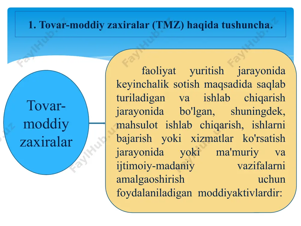 diy zahiralar quyidagilar to'g'risidagi ma'lumotlarni hisobga oladi : materiallarni hisobga oluvchi schyotlar (1000) o'stirishdagi va boquvdagi hayvonlarni hisobga oluvchi schyotlar (1100) materiallarni tayyorlash va xarid qilishni hisobga oluvchi schyotlar (1500) materiallar qiymatidagi farqlarni hisobga oluvchi schyotlar (1600) asosiy ishlab chiqarishni hisobga oluvchi schyotlar (2000) o'zida ishlab chiqarilgan yarim tayyor mahsulotlarni hisobga oluvchi schyotlar (2100) yordamchi ishlab chiqarishni hisobga oluvchi schyotlar (2300) umumishlab chiqarish xarajatlarini hisobga oluvchi schyotlar (2500) ishlab chiqarishdagi yaroqsiz mahsulotlarni hisobga oluvchi schyotlar (2600)xizmat ko'rsatuvchi xo'jaliklarni hisobga oluvchi schyotlar (2700) tayyor mahsulotlarni hisobga oluvchi schyotlar (2800) tovarlarni hisobga oluvchi schyotlar (2900) 5. tovar moddiy zahiralarni buxgalteriyada hisobga olish tartibi materiallarni hisobga oluvchi schyotlar (1000) 1010 "xom ashyo va materiallar"; 1020 "sotib olingan yarim tayyor mahsulotlar va butlovchi buyumlar"; 1030 "yoqilg'ilar"; 1040 "ehtiyot qismlar"; 1050 "qurilish materiallari"; 1060 "idish va idishbop materiallar"; 1070 "chyotga qayta ishlash uchun berilgan materiallar"; 1080 "inventar va xo'jalik jihozlari"; 1090 "boshqa materiallar". materiallar hisobda …