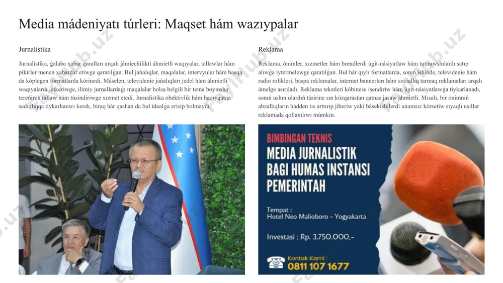 argı ideyasın, maqsetin hám avtordıń pikirin túsiniwge járdem beredi. máselen, jańalıq tekstinde waqıya ornı, waqtı hám qatnasıwshıları anıq kórsetiliwi kerek. ilimiy maqala bolsa belgili bir tema boyınsha dáliller hám izertlew nátiyjelerin usınadı. jalgan xabarlar hám manipulyaciya usılların anıqlaw ushın teksttiń deregin hám isenim dárejesin tekseriw áhmietli. túrli formatlardan paydalanıw informaciya tekstleri túrli formatlarda usınıladı: xabarlar, maqalalar, pikirler, bloglar, kitaplar hám basqalar. hár bir format ózine tán qásiyetlerge iye. xabarlar qısqa hám anıq bolıwı kerek, maqalalar bolsa tereńirek talqılawdı usınadı. bloglar jeke pikirlerdi bildiriwi, kitaplar bolsa keńirek hám tolıq maǵlıwmat beriwi múmkin. biz informaciyanı jetkeriw maqsetimizge sáykes keletuģın formattı tańlawımız kerek. multimedia texnologiyalarınan paydalanıw multimedia tekstleri (video, audio hám interaktiv formatlar) barǵan sayın keń tarqalmaqta. bul tekstler menen islew ushın kóbirek interaktiv hám dinamik usıllardı qollanıw kerek. video hám audio kontentler tekstti jáne de tartımlı hám túsinikli etiw imkaniyatın beredi. interaktiv formatlar bolsa oqıwshını tekst penen belsendi qatnasıwǵa shaqıradı. informaciyanı vizuallastırıw, …