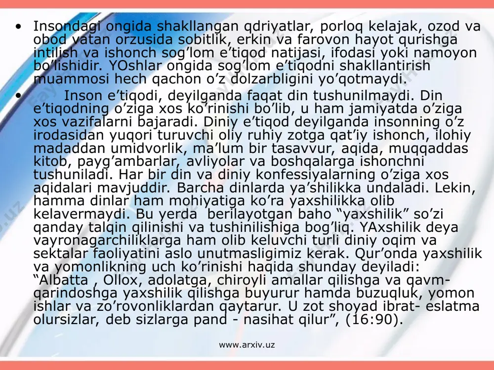 da umuman markaziy osiyo, xususan, o’zbekiston musulmonlari uchun yot bo’lganligi diqqatga sazovardir. diniy firqachilik bizning xalqimizga yot bo’lganligining asosiy sababi shundaki, mintaqmizda o’ziga xos movarounnahr musulmon qonunchiligi – fiqh maktabining rivojlanganligi, u boshqa maktablar ta’sirida bo’lmay, aksincha musulmon qonunshunosligi maktablariga o’z ta’sirini o’tkazib kelganligiga bog’liq edi. markaziy osiyo, xususan o’zbekistonda shunday ilohiyotchi ulomalar bo’lganki, ularning dihosi oldida butun musulmon dunyosi bosh eggan, musulmon dunyosi markaziy osiyoga ta’sir o’tgazuvchi mintaqa emas, aksincha o’zbekistonda qo’lga kiritilgan islomiy yutuqlar ta’sirida bo’lgan mintaqa edi. www.arxiv.uz www.arxiv.uz sobiq sho’ro tuzumi davrida chuqur diniy ilmlarga ega bo’lgan ulamolar qirib yuborildi. mustaqillik davriga kelib o’zbekistonga nisbatan xorijiy mamlakatlarning, hususan turli diniy guruxlarning e’tibori kuchaya boshaladi. eski mafkura o’z umrini yashab bo’lgan, milliy istiqlol mafkurasi xali shakllanmagan, mafkuraviy bo’shliq vujudga kelgan bir vaziyatda turli-tuman diniy taassub va xatto zo’ravonlikka moyil bo’lgan guruxlar har – xil yo’llar bilan o’zbekistonga kirib kelib, o’z ta’limotlarini eng to’g’ri e’tiqot sifatida targ’ib qila …