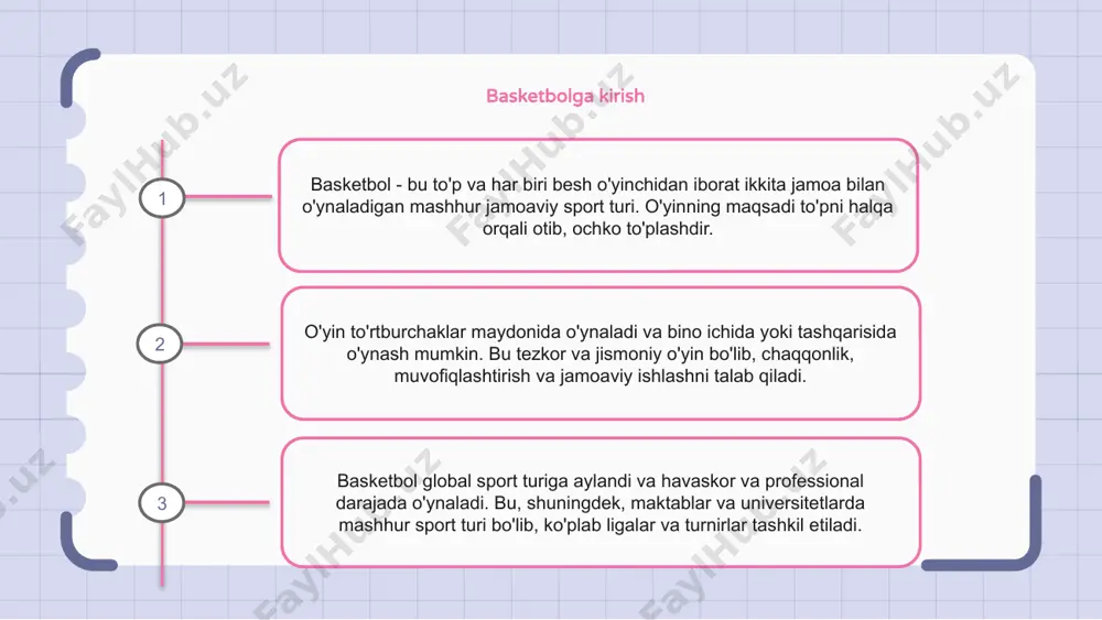 maydonning har bir uchida orqa taxtaga o'rnatilgan halqa orqali otish. o'yin oxirida eng ko'p ochko to'plagan jamoa g'alaba qozonadi. basketbol bo'yicha asosiy ko'nikmalar dribling, otish va ribaund - basketbolda asosiy ko'nikmalar. dribling to'pni maydon bo'ylab harakatlantirishga yordam beradi, zarba berish ochko to'plashga yordam beradi va to'pni egallab olishda yordam beradi. dribling to'pni yaxshi nazorat qilish va muvofiqlashtirishni talab qiladi, otish aniqlik va texnikani talab qiladi, to'pni qaytarish esa kuch va chaqqonlikni talab qiladi. bu ko'nikmalar o'yinchilarning basketbol o'yinida ustun bo'lishlari uchun zarurdir. ushbu ko'nikmalarni rivojlantirish amaliyot, diqqatni jamlash va qat'iyatni talab qiladi. muntazam mashg'ulotlar, mashqlar va mashqlar o'yinchilarga dribling, otish va to'p tepish qobiliyatlarini yaxshilashga yordam beradi. basketbolda strategiya va taktikalar basketbol strategiyasi va taktikasi ham hujum, ham himoya uchun zarurdir. g'alaba qozonish uchun jamoalar kuchli o'yin rejasiga ega bo'lishi kerak. hujumkorona o‘yinda, to‘p urish, harakatlanish va tezkor tanaffus kabi strategiyalar gol urish uchun imkoniyatlar yaratishga yordam beradi. himoyada odamdan …