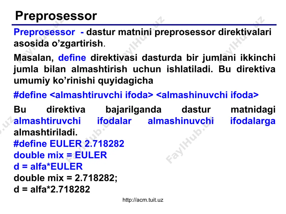osessor qo’shilayotgan faylni standart bibliotekalardan izlaydi. agar ikkinchi shakl qo’llanilsa preprosessor foydalanuvchining joriy katalogini ko’rib chiqadi va bu katalogda fayl topilmasa standart sistemali kataloglarga murojaat qiladi. http://acm.tuit.uz * * c standarti c standarti bo’yicha .h suffiksi bibliotekaga tegishli funksiyalarning prototiplari hamda, turlar va konstantalar ta’rifi joylashgan fayllarni ko’rsatadi. bunday fayllarni sarlavhali fayllar deb ataladi. kompilyator bibliotekalari bilan ishlashga mo’ljallangan sarlavhali fayllar ro’yxati til standartida ko’rsatilgan bo’lib bu fayllar nomlari tilning xizmatchi so’zlari hisoblanadi http://acm.tuit.uz http://acm.tuit.uz * * sarlavhali fayllar http://acm.tuit.uz assert.h – programma diagnostikasi . type.h – simvollarni o’zgartirish va tekshirish. erruo – xatolarni tekshirish. float.h – haqiqiy sonlar bilan ishlash. limits.h – butun sonlarning chegaralari. locate.h – milliy muhitga moslash. match.h – matematik hisoblashlar. setjump.h – nolokal o’tishlar imkoniyatlari. signal.h – g’ayrioddiy holatlar bilan ishlash. stdarg.h – uzgaruvchi sonli parametrlarni qo’llash. stddef.h – qo’shimcha ta’riflar. stdlib.h – xotira bilan ishlash. string.h – simvolli qatorlar bilan ishlash. time.h – sana …