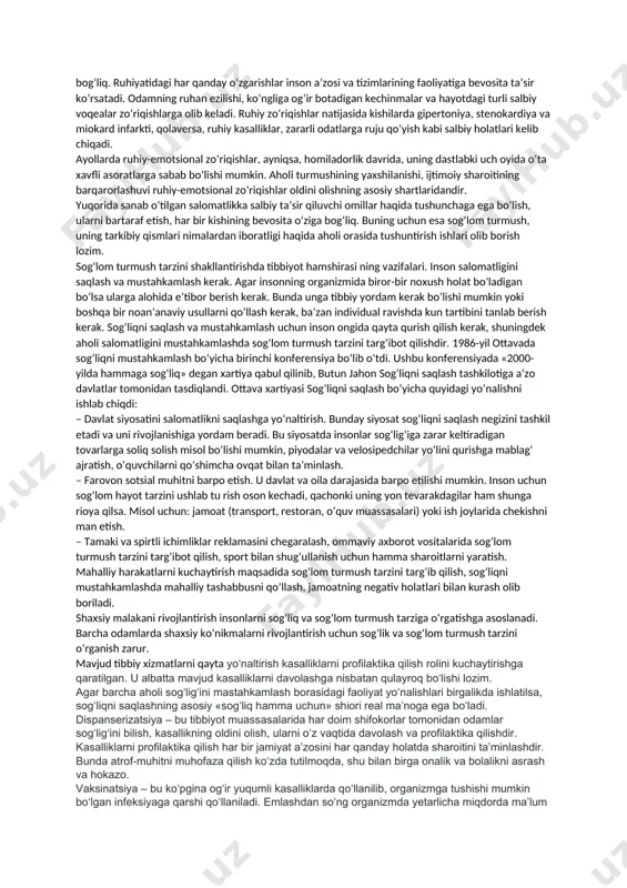 amchi tibbiy sanitariya yordami quyidagi vazifalarning bajarilishini o‘z ichiga oladi: salomatlikni himoya qilish muammolari va ularni hal etish yo‘llarini tushuntirish; oqilona ovqatlanish, toza ichimlik suvi bilan ta’minlashga erishish, onalik va bolalikni himoya qilish, oilani rejalashtirish; odamlar o‘rtasida endemik kasalliklarning oldini olish va ularga qarshi kurashish, boshqariluvchi yuqumli kasalliklarga qarshi vaksinatsiya o‘tkazish, keng tarqalgan kasalliklar va jarohatlanishlarning oldini olishda asosiy zarur vositalar bilan ta’minlash. 1987-yil may oyida bo‘lib o‘tgan jahon sog‘liqni saqlash tashkilotining anjumanida qabul qilingan faoliyat dasturi loyihasida yer yuzida tarqalib borayotgan kasalliklar va ularni keltirib chiqaruvchi sabablarni bartaraf etish, aholining jamiyat uchun faol hamda unumli mehnat qilishini ta’minlash vazifalari belgilab olindi. aholi salomatligiga ta’sir etuvchi yoki xavf tug‘diruvchi omillar xilmaxilligi va ayni paytda ta’sir ko‘rsatishi bilan xarakterlanadi. salomatlikka ta’sir etuvchi omillarga quyidagilar kiradi: 1. tashqi omillar. inson o‘z atrofini o‘rab olgan tashqi muhit bilan doimo munosabatda bo‘ladi. suv, havo, o‘simliklar, hayvonot dunyosi, oziq-ovqat mahsulotlari, yashash joyi, shovqin, tebranish, radiatsion …