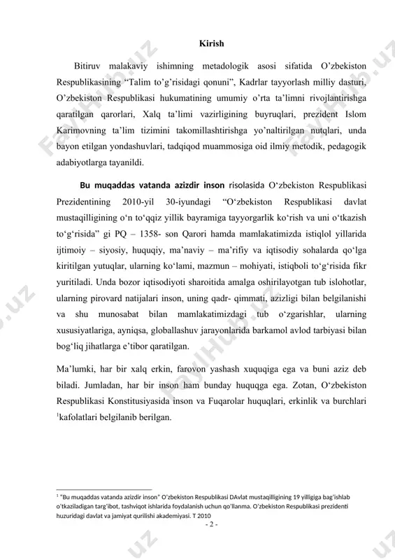 iga tayyorgarlik kо‘rish va uni о‘tkazish tо‘g‘risida” gi pq – 1358- son qarori hamda mamlakatimizda istiqlol yillarida ijtimoiy – siyosiy, huquqiy, ma’naviy – ma’rifiy va iqtisodiy sohalarda qо‘lga kiritilgan yutuqlar, ularning kо‘lami, mazmun – mohiyati, istiqboli tо‘g‘risida fikr yuritiladi. unda bozor iqtisodiyoti sharoitida amalga oshirilayotgan tub islohotlar, ularning pirovard natijalari inson, uning qadr- qimmati, azizligi bilan belgilanishi va shu munosabat bilan mamlakatimizdagi tub о‘zgarishlar, ularning xususiyatlariga, ayniqsa, globallashuv jarayonlarida barkamol avlod tarbiyasi bilan bog‘liq jihatlarga e’tibor qaratilgan. ma’lumki, har bir xalq erkin, farovon yashash xuquqiga ega va buni aziz deb biladi. jumladan, har bir inson ham bunday huquqga ega. zotan, о‘zbekiston respublikasi konstitusiyasida inson va fuqarolar huquqlari, erkinlik va burchlari kafolatlari belgilanib berilgan. hozirgi paytda inson huquqlari bо‘yicha 400 ga yaqin xalqaro hujjat mavjud. mamlakatimiz qonunlarini inson huquqlari sohasidagi mazkur meyor va andozalarga muvofiqlashtirish, bu sohada milliy harakat dasturini ishlab chiqish, inson huquqlarini himoya qiladigan muassasalarning yaxlit tizimini barpo etish …