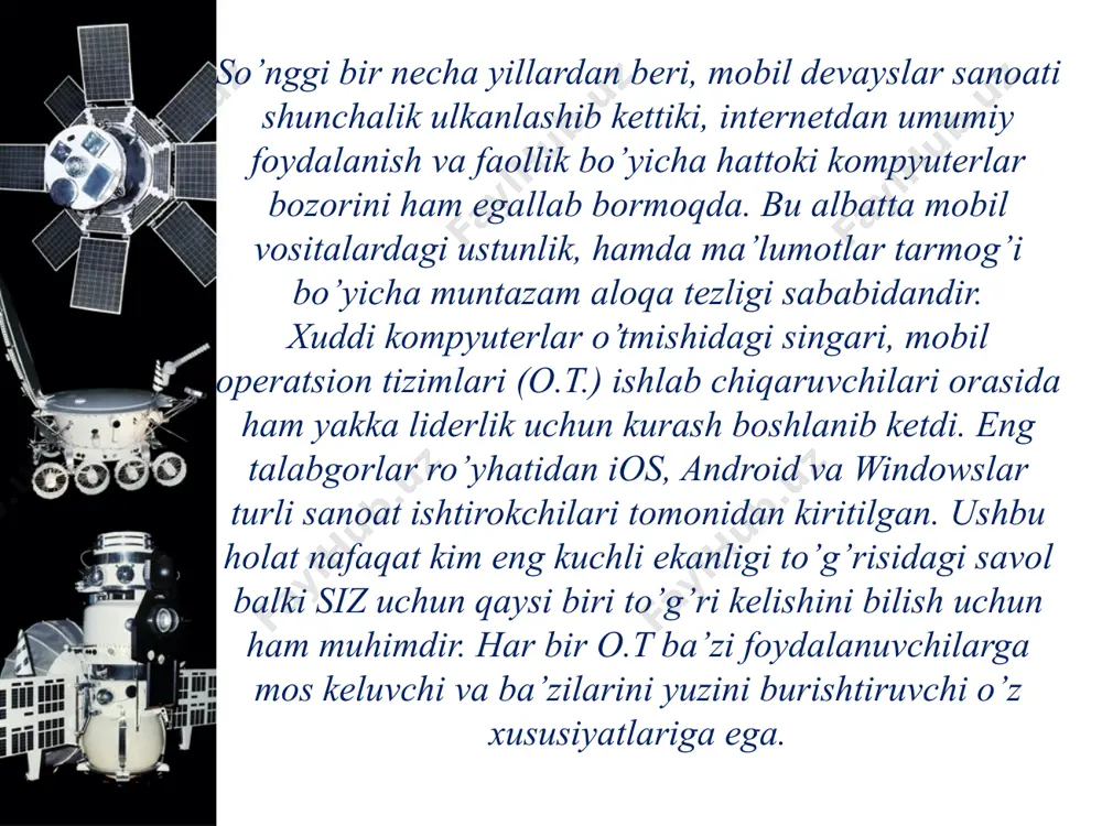 moslashtirilgan 3-versiyasi (honeycomb) chiqqach planshet ishlab chiqaruvchilariga ham android yoqib qoldi. google kompaniyasi ham boshqa ishlab chiqaruvchilar bilan hamkorlikda oʻzining „google nexus“ moslamalarini android ot ostida chiqara boshladi. aynan shu moslamalar birinchi boʻlib yangi versiyalarda chiqadi. smartfonlar va planshetlardan tashqari android at boshqa moslamalarga ham oʻrnatiladi. masalan, 2009-yilda sotuvga androidda ishlovchi fotoramka sotuvga chiqdi. 2011-yilda blue sky kompaniyasi android ot ostidagi „aqlli“ i`mwatch soatlarini chiqardi. 2012-yil avgustda nikon dunyodagi birinchi androidda ishlovchi fotokamerani namoyish etdi. „google nexus“ seriyasida smartfon va planshetlardan tashqari android ostidagi nexus q mediapleyeri mavjud. shu bilan birga android rusumidagi televizorlar ham mavjuddir 2012-yil oktabrda google boshqaruvchi direktori larri peyj android ostidagi moslamalar soni 500 mln.dan ortgani va har kuni 1,3 mln.ga koʻpayotgani haqida habar berdi. moslamalar google play (avvalgi android market) 2008-yil 22-oktabrda google android ot dasturlarining onlayn doʻkoni — android market ochilishi haqida eʼlon qildi. kelishivga koʻra yaratuvchilar foydaning 70 %ini, operatorlar esa qolgan 30 …