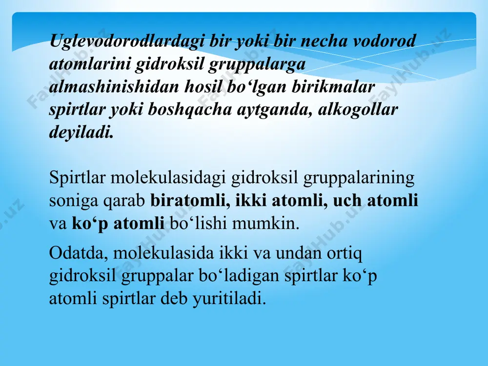 l guruxini ushlab turolmaydi, natijada undan suv molekulasi ajratib chiqib, chumoli aldegidni hosil qiladi. shuning uchun glikollarning gomologik qatori с2н4(он)2 – etilen glikoldan boshlanadi. etilenglikol portlovchi moddalar, erituvchilar, polimerlar olishda muhim hom ashyo bo’lib xizmat qiladi. uning ftal kislota bilan hosil qilgan polimeri – lavsan deb ataladi. lavsandan juda qimmatli xususiyatlarga ega bo’lgantolalar olinadi. glitsirin va etilenglikolning suvli va spirtli eritmalari quyi haroratlarda muzlamaydigad eritmalar-antifrizlar sifatida ishlatilib,ulardan qish mavsumida avto- va aviamotorlar radiatorlarida suv o’rnida foydalaniladi. glitserin c3h8o3 tarkibli uch atomli spirtdir. soddalashtirilgan holda uning strukturasini quyidagicha ko`rsatish mumkin: ch2 oh – choh – ch2 oh glitseringa azot kislotasi va nitratlar ta`sir etganda nitroval’naya smes’ azot kislotasining mono-, di- va triefirlari hosil bo`lishi mumkin. ularni ba`zan nitroglitserinlar deb ham noto`g`ri atashadi. ulardan trinitroglitserin ch2 ono2 – chono2 – ch2 ono2 juda ham bekaror modda bo`lib, ozgina turtki yoki zarba natijasida ham parchalanib, juda katta kuch bilan portlash xususiyatiga ega. nitroglitsirin-og’ir …