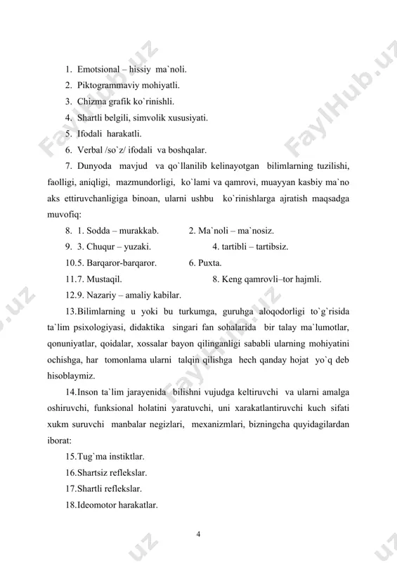 aqlab, barqaror tus beruvchi asosiy psixologik negizlar tariqasida ushbu jixatlarni kursatish mumkin. 2. ehtij /o`zining turli ko`rinishlari bilan/. 3. motiv /motivatsiya uning o`ziga xos turlari/. 4. mayl. 5. mayillik. /uning batafsil, uzluksiz, izchil holatlar/. 6. qiziqish /bosqichlari, darajalari, xillari, xususiyatlari, ko`lami, sifatlari/. 7. ustanovka /tabiy holati, umumpsixologik, ijtimoiy psixologik, ongsizlik, onglilik va ostonglilik bilan aloqadorligi/. 8. kayfiyat, ya`ni his-tuyg`ular, ichki va tashqi kechinmalar, shakllari, kuchi, davomiyligi. 9. tug`ma irsiy, tabiy alomatlar. 10. faollik /kishiga ta`sir etuvchi belgilar, unga undovchi omillar, barqarorligini ta`minlovchi faktorlar/. 11. indentifikatsiya. 12. refleksiya. 13. ilhom. 14. ijodiyat. 15. qulay sharoit yoki muhit. fiziologik va psixologik mexanizmlar xizmat qilishi mumkin. xulosa xulosa qilib aytganda, idrok, sezgilar, xotira, diqqat, tafakkur, iroda va hisyot bilish jarayonlari hisoblanadi. bu jarayonlar insonga juda yaqin va tanish. chunki har birimiz ongimiz borligini, atrofdagi narsalar va hodisalarning ayrim alohida hamda yahlit xususiyatlarni bilamiz. bu narsa va hodisalar bizda har bir alohida sharoitda o`ziga …