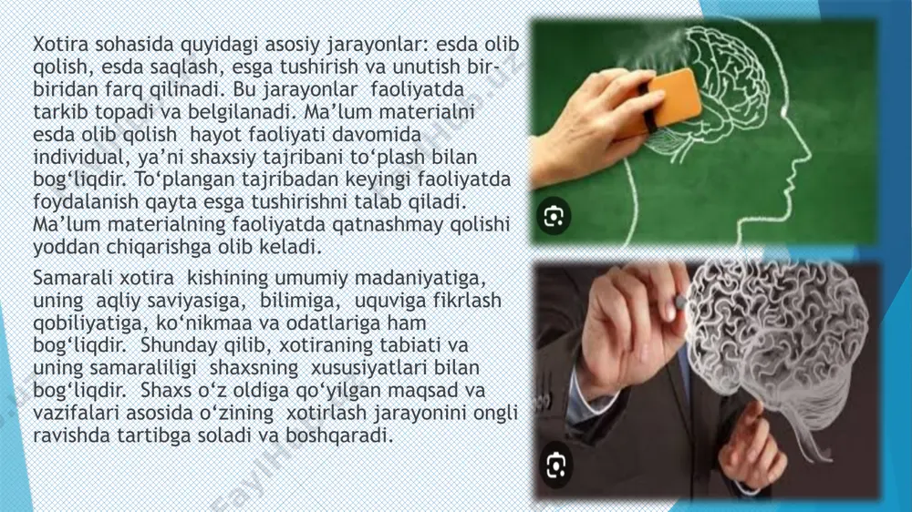ribalarida tekshirishlarga qaraganda ikki xil faoliyat taklif qilinsa, birinchi holda ular ma’noli matnni esda olib qolish nazarda tutiladi. esga tushirish va uning turlari. o‘tmishda idrok qilingan narsalar, his-tuyg‘u, fikr va ish-harakatlarning ongimizda qaytadan tiklanishi esga tushirish deyiladi. esga tushirishning nerv-fiziologik asoslari bosh miya po‘stida ilgari hosil bo‘lgan nerv bog‘lanishlarning qo‘zg‘alishidir. esga tushirishning tanish, eslash, bevosita eslash, oradan ma’lum vaqt o‘tkazib eslash, ixtiyorsiz va ixtiyoriy turlari mavjud. tanish ilgari idrok qilingan narsa va hodisalarni takror idrok qilish natijasida u yoki bu hodisani esga tushirishdir. tanish aniq va noaniq bo‘lishi mumkin. noaniq tanishda biz bu narsani notanish emasligini his qilamiz, xolos. eslash narsa va hodisalarni, uni ayni paytda idrok qilmay esga tushirishdir. masalan, bo‘lib o‘tgan voqea va hodisalarni, bilib olgan ishlarimizni bemalol esga tushirishimiz mumkin. eslash ham aniq va noaniq bo‘ladi. unutilgan narsalarni yana xotirada qaytadan tiklanishi reminissensiya hodisasi (xira esga keltirish) deyiladi. bu hodisaning sababi shuki, uzoq vaqt bir ish bilan …