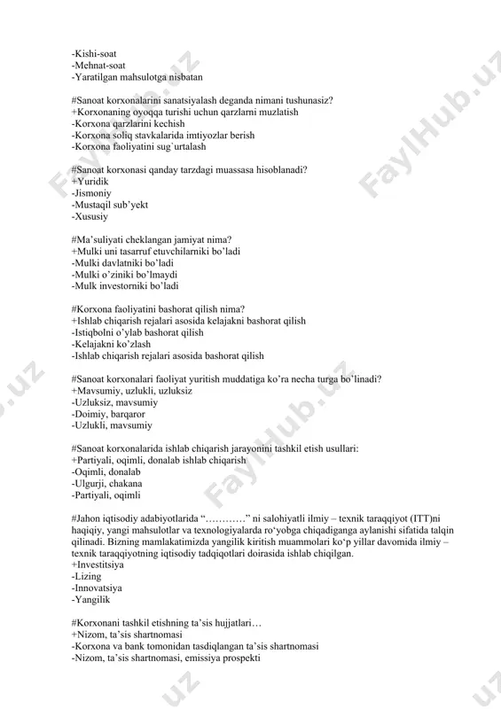 rxonasi qanday tarzdagi muassasa hisoblanadi? +yuridik -jismoniy -mustaqil sub’yekt -xususiy #ma’suliyati cheklangan jamiyat nima? +mulki uni tasarruf etuvchilarniki bo’ladi -mulki davlatniki bo’ladi -mulki o’ziniki bo’lmaydi -mulk investorniki bo’ladi #korxona faoliyatini bashorat qilish nima? +ishlab chiqarish rejalari asosida kelajakni bashorat qilish -istiqbolni o’ylab bashorat qilish -kelajakni ko’zlash -ishlab chiqarish rejalari asosida bashorat qilish #sanoat korxonalari faoliyat yuritish muddatiga ko’ra necha turga bo’linadi? +mavsumiy, uzlukli, uzluksiz -uzluksiz, mavsumiy -doimiy, barqaror -uzlukli, mavsumiy #sanoat korxonalarida ishlab chiqarish jarayonini tashkil etish usullari: +partiyali, oqimli, donalab ishlab chiqarish -oqimli, donalab -ulgurji, chakana -partiyali, oqimli #jahon iqtisodiy adabiyotlarida “…………” ni salohiyatli ilmiy – texnik taraqqiyot (itt)ni haqiqiy, yangi mahsulotlar va texnologiyalarda ro‘yobga chiqadiganga aylanishi sifatida talqin qilinadi. bizning mamlakatimizda yangilik kiritish muammolari ko‘p yillar davomida ilmiy – texnik taraqqiyotning iqtisodiy tadqiqotlari doirasida ishlab chiqilgan. +investitsiya -lizing -innovatsiya -yangilik #korxonani tashkil etishning ta’sis hujjatlari… +nizom, ta’sis shartnomasi -korxona va bank tomonidan tasdiqlangan ta’sis shartnomasi -nizom, ta’sis shartnomasi, …