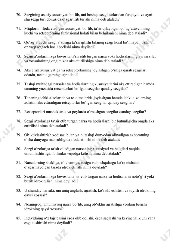 ga va retseptorlarning joylashgan o‘rniga qarab sezgilar, odatda, nechta guruhga ajratiladi? 75. tashqi muhitdagi narsalar va hodisalarning xususiyatlarini aks ettiradigan hamda tananing yuzasida retseptorlari bo‘lgan sezgilar qanday sezgilar? 76. tananing ichki a‘zolarida va to‘qimalarida joylashgan hamda ichki a‘zolarning xolatini aks ettiradigan retseptorlar bo‘lgan sezgilar qanday sezgilar? 77. retseptorlari mushaklarda va poylarda o’rnashgan sezgilar qanday sezgilar? 78. sezgi a‘zolariga ta‘sir etib turgan narsa va hodisalarni bir butunligicha ongda aks ettirilishi nima deb ataladi? 79. ob‘ktivlashtirish xodisasi bilan ya‘ni tashqi dunyodan olinadigan axborotning o‘sha dunyoga mansubligida ifoda etilishi nima deb ataladi? 80. sezgi a‘zolariga ta‘sir qiladigan narsaning xususiyati va belgilari xaqida umumlashtirilgan bilimlar vujudga kelishi nima deb ataladi? 81. narsalarning shakliga, o‘lchamiga, tusiga va boshqalarga ko‘ra nisbatan o‘zgarmaydigan tarzda idrok etilishi nima deyiladi? 82. sezgi a‘zolarimizga bevosita ta‘sir etib turgan narsa va hodisalarni noto‘g‘ri yoki buzib idrok qilishi nima deyiladi? 83. u shunday narsaki, uni aniq anglash, ajratish, ko‘rish, eshitish va tuyish …