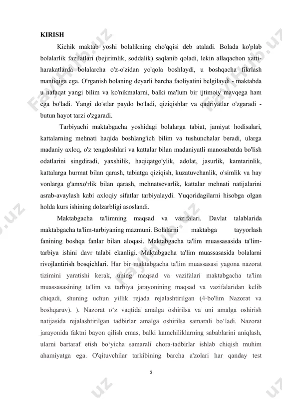 masangiz, ular katta qiyinchiliklarga olib kelishi mumkin, keyinchalik ularni engish oson bo'lmaydi. operatsion nazorat masalalari shartli ravishda bir necha toifalarga bo'linadi. doimiy monitoringni talab qilish: · bolalarning hayoti va sog'lig'ini muhofaza qilish bo'yicha ko'rsatmalarga rioya qilish; · kundalik rejimga rioya qilish; · ichki tartib qoidalariga rioya qilish; · mehnat intizomini, o'quv jarayonini amalga oshirish, madaniy-gigiyenik ko'nikmalarni rivojlantirish va boshqalar. · keyingi toifaga kamroq tez-tez, har chorakda monitoringni talab qiladigan masalalar kiradi, masalan: ta'lim va tarbiya ishlarini rejalashtirish; · ota-onalar bilan ishlashni tashkil etish; · sayrlarni, ekskursiyalarni tashkil etish; · bolalar uchun tushdan keyin mashg'ulotlar; · maktabgacha yoshdagi bolalar tomonidan yo'l harakati qoidalarini o'rganish bo'yicha ishlarni tashkil etish; · salomatlikni tejaydigan texnologiyalardan foydalanish; · bolalarning mustaqil faoliyati uchun sharoit yaratish va boshqalar. tezkor nazorat uchun savollar ro'yxatini "maktabgacha ta'lim muassasasi uchun qo'llanma: nazorat va diagnostika funktsiyasi", 2003 yil kitobida topish mumkin. maktabgacha ta’lim bolaning sog’lom, shartomonlama kamol topibshakllanishini ta’minlaydi, unda o’qishga …
