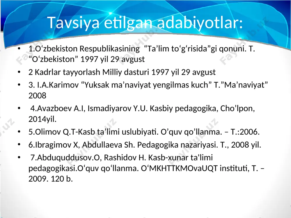 im va tajriba bo‘lganda foydalaniladi. 4.beriladigan savollar ma’lum tartibda, ixcham, tushinarli, ilgari o‘tilgan materialga va suhbat mavzusiga asoslangan bo‘lsin. 5.suhbat aniq maqsadni tutsin, suhbatda hamma o‘quvchilar qatnashsin. savolni hamma o‘quvchilarga tashlash, so‘ngra esa javob berish uchun o‘quvchilardan biri chiqariladi. ko‘rgazmali ta’lim metodlari k o‘ r g a z m a (namoyish) – shaxsan mehnat amallarini ko‘rsatish, jihozlarni, ko‘rsatma qurollarni, o‘quv kinofilmlarini, diafilm va hokazolarni namoyish qilish demakdir. 1.tushunishni, to‘la idrokni ta’minlash. 2. ko‘rsatilayotganlarga o‘quvchilarning qiziqishini va diqqatini uyg‘otish. 3. kuzatishlarga ishning ko‘zini bilib, to‘g‘ri rahbarlik qilish. 4. ko‘rsatishni tushuntirib olib borish. 5. hamma o‘quvchilarni ko‘rib turib zehnga olishini ta’minlash. 6. idrokning sifatini tekshirish. ko‘rsatish uchun tayyorgarlik ko‘rishdagi asosiy ishlar: 1. o‘qituvchining tayyorgarlik ko‘rishi. 2. zaruriy moddiy-texnikani tayyorlash. 3. o‘quvchilarning tayyorgarligi ko‘rsatish turlari 1.natural ( materiallar, asbob, dastgoh, mashina, moslamalar, buyumlar va h.k.larni ko‘rsatish) 2.yassi va hajmiy ko‘rgazma qurollarni ko‘rsatish (plakat, jadval, model, diagramma,maket va sh.k.) 3.ekran qo‘llanmalarni ko‘rsatish (kinofilm, diafilm, …