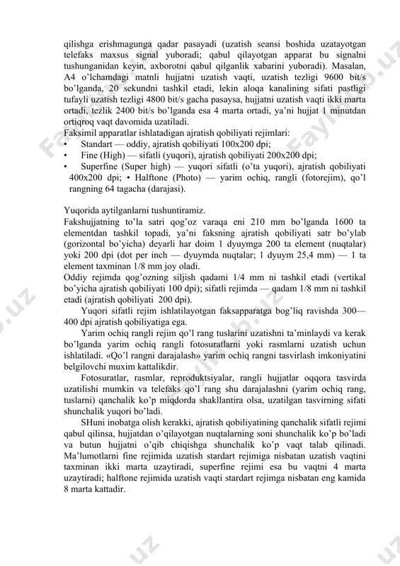 (ttxmk v.34 standarti); raqamli kanallarni ishlatganda ma’lumotlarni qing’iroq siqish imkoniyati bor va uzatish tezligi 64000 bit/s gacha yetadi. 12­jadval faksimil xabarlarni uzatish standartlari xabarlarni uzatish standarti a4 hujja uzatish (210x297), s tlarni vaqti ajratish qobiliyati, mm da nuqtalar analogli chastotamodulyatsiyalangan signallar 360 gacha 4tadan analogli ampletudamodulyatsiyalangan signallar 180 gacha 4tadan axborotni siqib raqamli kodlash 60 gacha 7­9 yuqori tezlikni raqamli uzatish 5­10 16 gacha faksimil apparatlari ma’lumotlarni uzatish tezligini, agar qabul qilayotgan telefaks yoki aloqa kanali yuqori darajali xalaqitlarga ega bo’lsa, avtomatik o’rnatishi mumkin. bu holatlarda odatda boshida maksimal o’rnatilgan uzatish tezligi, qabul qilayotgan telefaks tasdiqlagan axborotlarni ishonchli qabul qilishga erishmagunga qadar pasayadi (uzatish seansi boshida uzatayotgan telefaks maxsus signal yuboradi; qabul qilayotgan apparat bu signalni tushunganidan keyin, axborotni qabul qilganlik xabarini yuboradi). masalan, a4 o’lchamdagi matnli hujjatni uzatish vaqti, uzatish tezligi 9600 bit/s bo’lganda, 20 sekundni tashkil etadi, lekin aloqa kanalining sifati pastligi tufayli uzatish tezligi 4800 bit/s gacha …