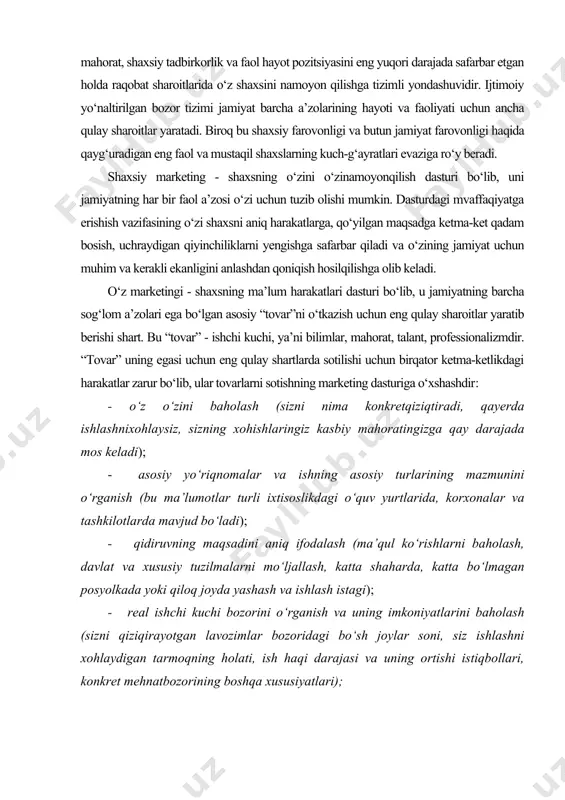 va tashkilotlarda mavjud bo‘ladi); - qidiruvning maqsadini aniq ifodalash (ma’qul ko‘rishlarni baholash, davlat va xususiy tuzilmalarni mo‘ljallash, katta shaharda, katta bo‘lmagan posyolkada yoki qiloq joyda yashash va ishlash istagi); - real ishchi kuchi bozorini o‘rganish va uning imkoniyatlarini baholash (sizni qiziqirayotgan lavozimlar bozoridagi bo‘sh joylar soni, siz ishlashni xohlaydigan tarmoqning holati, ish haqi darajasi va uning ortishi istiqbollari, konkret mehnatbozorining boshqa xususiyatlari); - o‘zingiz va o‘z imkoniyatlaringiz haqida qisqacha ma’lumotnoma tayyorlash. ma’lumotnoma qisqa bo‘lishi va siz haqingizda ishberuvchiga engzarur ma’lumotlarni o‘zichiga olshgna bo‘lishi kerak; - o‘z xodimlarini yollash haqida qaror qabul qiladigan shaxs bilan suhbat tayyorlash. avvalambor sizni qiziqtirayotgan tashkilotning kadrlar bo‘limida sizni qabul qilishlariga erishish kerak. bunday suhbat(intervyu)ga tayyorlanishning muhimligi, suhbatning borishi va u tugagandan keyin siznin harakatlaringiz quyida bayonqilingan. o‘zingiz haqida qisqacha ma’lumotnoma va birga beriladigan хат. qisqacha ma’lmotnoma sizning imkoniyatlaringiz, ma’lumotingiz, oldingi mashg‘ulotlaringiz, kasbiy tayyorgarligingiz, ishtajribangiz va shaxsiy xislatlaringiz haqida tushuncha berishi lozim. bunda u bir betdanoshmasligi …