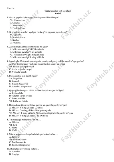 tarix fanidan test savollari — DOC