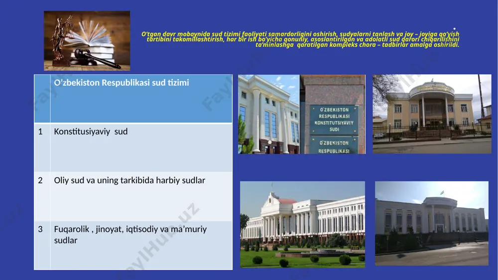 sud ishlarini yuritishning tezkorligini ta’minlash choralari ko’rilmoqda. bu borada fuqarolar uchun ma’lumotlar almashishining elektron vositalari orqali ariza, da’vo arizasi, iltimosnoma va ularga ilova qilinadigan hujjatlar bilan birgalikda sudga murojaat qilish amalga oshirilmoqda. xususan, “o’zbekiston qonun ustuvorligi yo’lida hamkorlik” qo’shma loyihasi doirasida yaratilgan “e - sud” milliy elektron sudlov tizimining sud buyrug’ini chiqarish bo’yicha zangiota, yuqori chirchiq, bekabod tumanlararo sudlari, toshkent shahri fuqarolik ishlari bo’yicha yakkasaroy, mirzo ulug’bek, mirobod, shayxontohur va uchtepa tumanlararo sudlarida, bugungi kunda esa respublikamizning barcha sudlarida samarali faoliyat yuritmoqda. “e - sud” milliy elektron axborot sudlov tiziminini sudlar faoliyatiga yanada jadal sur’atlarda joriy etish va undan samarali foydalanishni ta’minlash maqsadida o’zbekiston respublikasi oliy sudi rayosatining 2016 yil 28 yanvardagi “fuqarolik ishlari bo’yicha respublika sudlarida elektron aloqa vositalaridan foydalangan holda berilgan murojaatlarninig ko’rib chiqilishini ta’minlash hamda toshkent shahar va toshkent viloyat sudlarida “e - sud” milliy elektron sudlov axborot tizimidan foydalanishni yo’lga qo’yish to’g’risida”gi qarori qabul qilindi. ta’kidlash …