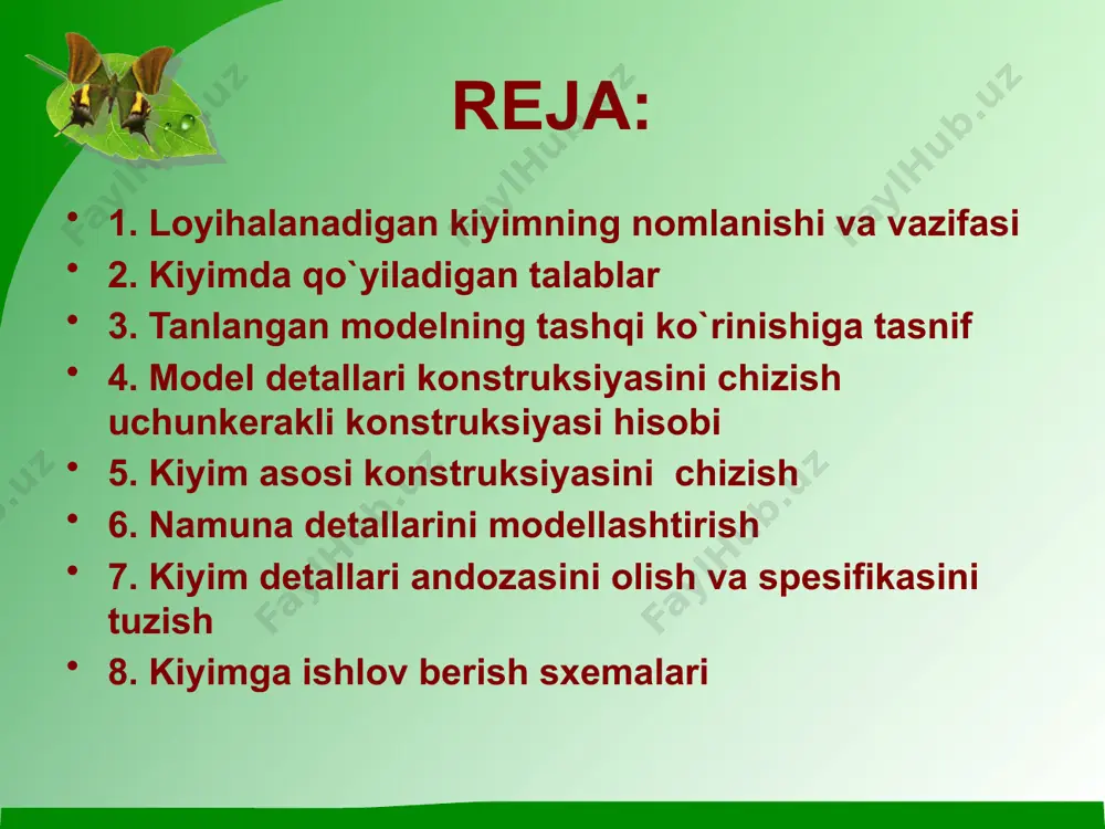 urli yo’nalishlarga ko’chirish. burmalar va taxlamalar hosil qilish. detallarning vertikal va gorizontal bo’linishi. model xususiyatlarini yaratish: yoka, laskan, bort, kichik detallar. texnik modellashtirish usullari yangi modellar loyihalash ishida bazaviy konstruksiyadan foydalanish yangi modellar konstruksiyasi bazaviy asosdan va bazaviy konstruksiyalardan foydalanib tuzilsa, ular loyihalash ishlariga kamroq mehnat sarflanadi, xom ashyo tejaladi, ishlov berish texnologiyasi mukammalllashadi. ularning estetik darajasini oshirishga zamin yaratiladi. foydalanilgan adabiyotlar . коблякова е.б. и др. конструирование одежди с элементами сапр м 1985 г 2. pulatova s.u kiyimni konstruksiyalash asoslari. toshkent 2001 y 3. lin jak. texnika kroya. moskva 1986 4. komilova x.x. kiyimlarni loyihalash asoslari. toshkent 2001 5. ma’ruza matnlari image4.png image5.png image1.png image2.png image6.gif image7.gif image8.png image9.png image10.png image11.png image12.png image13.jpeg image14.png image15.jpeg image16.jpeg image17.jpeg image18.jpeg image19.jpeg image20.jpeg image21.jpeg image22.jpeg image23.jpeg image24.jpeg image25.jpeg image26.jpeg image27.jpeg image28.jpeg image29.jpeg image30.jpeg image31.jpeg image32.jpeg image33.jpeg image34.jpeg image35.jpeg image36.jpeg image3.png