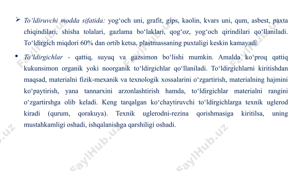 yil. bunday materiallarni 70%i-pe (polietilen) dan, 30%i esa-pvx (polivinilxlorid) dan tayyorlanadi. polipropilen ham sigler usulida benzinda 60–700cda r6-10atm bosimda trietilalyuminiy yordamida olinadi. polipropilenni kristallanishi yuqori bo‘lganligi sababli undan olingan mahsulotlar pishiqroq bo‘ladi. llanishi yuqori bo‘lganligi sababli undan olingan mahsulotlar pishiqroq bo‘ladi. polistirol: stirolni blokda yoki, emulsiyada polimerlab olinadi. blokda olishda, stirolni 2200cgacha asta-sekin isitib, 65-67soat davomida ingichka sterjenlar shaklida olib maydalanadi. emulsion radikal polimerlanishda reaksion massa k2s2o8 initsiatori bilan bug‘ yordamida 700cgacha isitiladi. reaksiyada ajralib chiqqan issiqlik hisobiga tezda 1000cga ko‘tariladi 1-2 soatdan keyin massa sovutiladi, cho‘ktiriladi, filtrlanadi, quritiladi va granullashtiriladi. molekulyar massasi-120000-200000. polivinilxlorid - vinilxloridni persulfat kaliy bilan emulsiyada 40-500sda 5-6 atm bosimda polimerlashtirilib olinadi. nch2 = ch2 cl → ........ - ch2 - chcl - ch2 - chcl -........ + q reaksiya tugagandan so‘ng, polimer suspenziyasi filtrlanadi, quritiladi va ikki uslubda ishlov beriladi: a). 2–3% stabilizator (qo‘rg‘oshin karbonati yoki kalsiy stearati) qo‘shib 1700sda valsilardan o‘tkazib, list olinadi. b). …