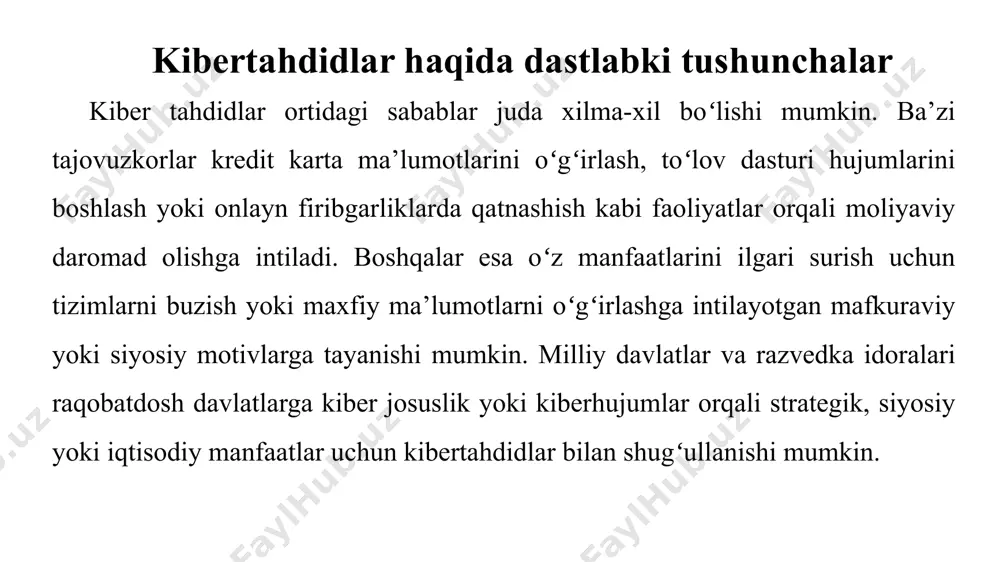tlarga ruxsatsiz kirish uchun koʻpincha milliy davlatlar yoki sanoat josuslari tomonidan amalga oshiriladigan yashirin faoliyat. axborot xavfsizligida kibertahdidlarni tahlil qilish veb-tahdidlar: veb-ilovalar yoki veb-saytlardagi zaifliklarga qaratilgan hujumlar, masalan, saytlararo skript (xss) va inyeksion hujumlar, ma’lumotlarni buzish yoki ruxsatsiz kirishni qoʻlga kiritish. ma’lumotlarning sizib chiqishi: maxfiy yoki maxfiy ma’lumotlarga ruxsatsiz kirish yoki oshkor qilish, koʻpincha shaxsiy yoki moliyaviy ma’lumotlarning oshkor etilishiga olib keladi. tashkilotlar va shaxslar uchun samarali xavfsizlik choralari va oqibatlarini yumshatish strategiyalarini amalga oshirish uchun oʻzgaruvchan kibertahdid landshaftini tushunish juda muhimdir. ijtimoiy muhandislik. ijtimoiy muhandislik odamlarni maxfiy ma’lumotlarni oshkor qilish yoki xavfsizlikka putur etkazadigan harakatlarni amalga oshirish uchun manipulyatsiya qilishni oʻz ichiga oladi. jabrlanuvchilarni manipulyatsiya qilish uchun tajovuzkorlar ishonchni oʻrnatish, shoshilinchlik hissi yaratish yoki his-tuygʻulardan foydalanish kabi turli xil psixologik usullardan foydalanadilar. umumiy usullar orasida fishing elektron pochta xabarlari, bahona (ma’lumot olish uchun skript yaratish) va bezorilik (jabrlanuvchilarni jozibali taklif bilan harakat qilishga undash) kiradi. insonga qaratilgan tahdidlar fishing. …