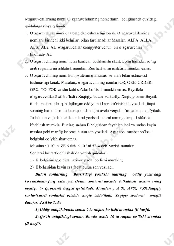 8d-30. 3).matnli kattalikda qo’shtirnok belgisi katnashmaydi. ikkalik sonni yozishda oldiga &v qo’shib yozilar. misol: &v 0101000. unoltilik sonni yozishda oldiga &n qo’shib yozilar. misol: &n 12. 4).sakkizlik sistemada yozilgan sonlarni oldiga &o qo’shib yoziladi. misol: &o 125. harfiy kattaliklar deb qo’shtirnok ichiga olingan exm ning ixtiyoriy belgilari ketma – ketligiga aytiladi. masalan : 1234, avsd, kitob va sho’nga o’xshashlar . ba’zan harfiy kattaliklar matinli o’zgaruvchilar deb ataladi va ular orqali exm dan olinayotgan ma’lumotlar izoxlanadi. bitta matnli kattalikning eng katta uzunligi 255 belgidan oshmasligi kerak.harfiy kattaliklar nomini oxirida belgisi qo’yiladi.xaqiqiy va butin o’zgaruvchilar mos ravishda faqat xaqiqiy va butin o’zgarmaslarni qabulqilish kerak.harfiy o’zgaruvchilar esa faqat harfiy o’zgarmaslarni qabulqilish kerak. 4.standart funktsiyalar . ko’pincha masala va misollar echish uchun dastur tuzatayotganda bir xil turdagi funktsiyalar tez tez uchrab turadi. masalan trigonometrik, logarifmik, eksponenta, ildiz chiqarish va sho’nga o’xshash funtsiyalar.har bir exm uchun bunday funtsiyalarni xisoblash dasturlari tuzilgan va exm xotirasiga kiritib …