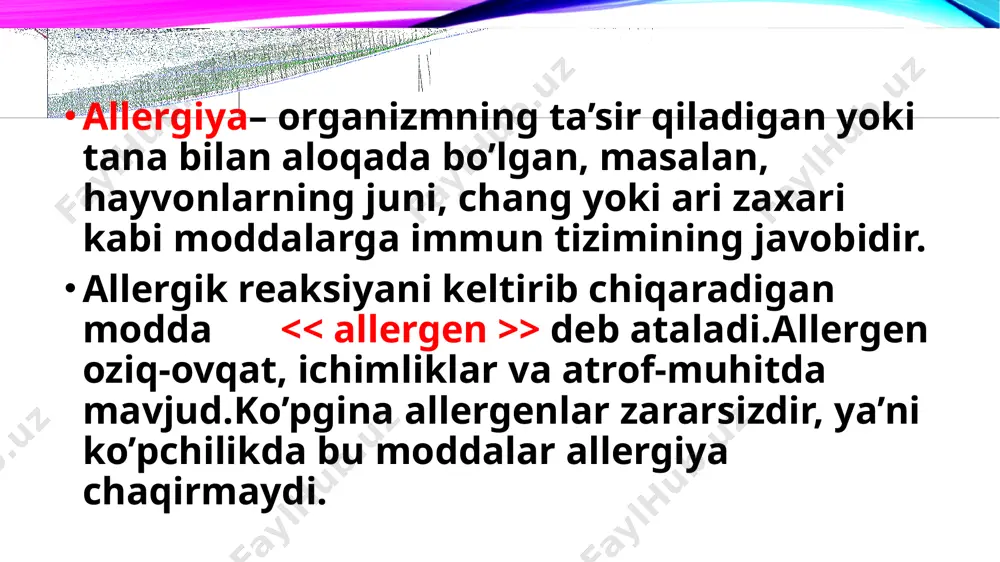 rida paydo bo’lishi mumkin. chang va chanchiga alleergiya simptomlari quyidagi belgilarga ega. burun bitishi ko’zlarning qichishi, burundagi qichishish, rinit, ko’zlarning shishishi, ko’zlarning yoshlanishi, yo’talish. teridagi allergiya, ekzema (atopik dermatit) simptomlari: teri po’st tashlashi; qichishish; teri quruqlashishi; terida qizg’ish toshmalar toshishi. oziq-ovqat mahsulotlariga (oziq-ovqat) bo’lgan allergiya turli reaksiyalarga ega: qayt qilish; tilning shishi; og’izdagi achishish; labning shishishi; yuzni shishishi; tomoq shishishi; oshqazon spazmi; nafas olishning buzilishi; rektal qon ketishi (bolalar kamdan-kam hollarda); diareya; hashoratlarning chaqishiga allergiya quyidagi alomatlarga ega: ovozning xirillashi; chaqigan joyining shishishi; qon bosimining keskin pasayishi; teri qichishi. bosh aylanishi; yo’tal; nafas olishi qiyinligi dori vositalariga allergiya quyidagi belgilarga ega bo’lishi mumkin: ovoz xirillashi; tilning shishishi; labning shishishi; yuzni shishishi; teri toshmasi; qichima; anafilaktik shok belgilari. allergiya rivojlanish sabablari inson immuniteti allergenga patogen ( tashqi zararli moddalar ) deb javob beradi va uni begona bakteriya, virus, qo’ziqorin yoki toksin kabi yo’q qilishga harakat qiladi. biroq allergen zararli emas.shunchaki immun …