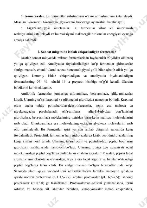 o’rtasidagi, tripsin esa faqat arginin va lizinlar o’rtasidagi peptid bog’larga ta’sir etadi. bu sinfga mansub bo’lgan fermentlar juda ko’p. sanoatda ularni qaysi vodorod ioni ko’rsatkichlarida faollikni namoyon qilishiga qarab: nordon proteazalar (ph 1,5-3,7); neytral proteazalar (ph 6,5-7,5); ishqoriy proteazalar (ph>8.0) ga tasniflanadi. proteazalardan-go’shni yumshatishda, terini oshlash va boshqa xil ishlovlar berishda, kinoplyonkalar ishlab chiqarishda, parfyumeriyada, sintetik yuvuvchi preparatlar tayyorlashda, tibbiyot va veterinariyada juda keng foydalaniladi. pektolitik fermentlar o’zlarining ta’sir doiralarini tashqi ko’rinish nuqtai nazardan namoyon qilishlari, ya’ni reaksiya natijasida ular ta’sir etadigan polisaharidlarning vakillari-pektin moddalar (pektin, pektin kislotalar va protopektin) ning molekulyar massalari va qayishqoqliklarini kamayishiga qarab bitta alohida guruhga birlashtirilgan. ular mevalar, ildizmevalar, navdalar (zig’ir) tarkibida bo’ladi. pektin moddalarning molekulyar massalari 20000 da dan 200000 da gacha bo’ladi. hamma pektinazalar ikki xilga bo’linadi-gidrolazalar va transeliminazalar. ularning birinchilari metil qoldiqlarni uzadi yoki alfa-1,4-glyukozid (poligalakturinazalar) bog’larni parchalaydi. ikkinchilari pektin moddalarini nogidrolitik yo’l bilan parchalab qo’sh bog’larni hosil qiladi. ular to’qimachilik sanoatida …