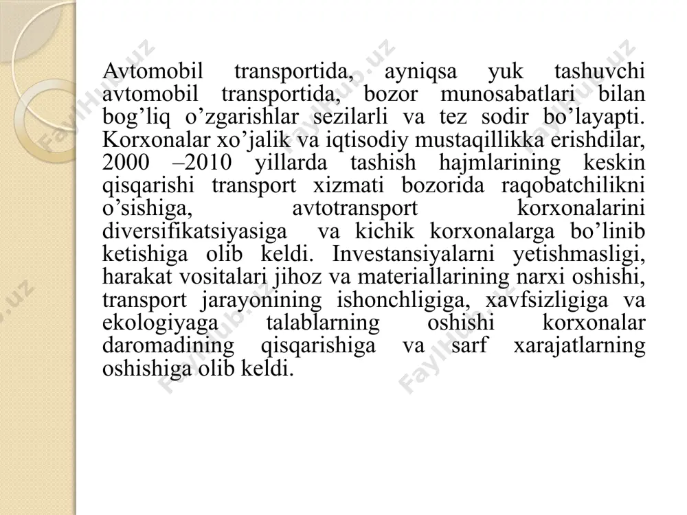 spluatatsiyasi texnikaviy ekspluatatsiya boshqarishni kichik tizimi 3. avtomobil agregatlar mexanizmlar tizimlar detallar 4. atk ustaxonalar sexlar avtosaflar xizmat bo’limlari tizimlar va kichik tizimlar 1.3. tizim elementlari: tizimlar bo’lishi mumkin: texnikaviy – avtomobil; odam-mashina – avtomobil-haydovchi; iqtisodiy ishlab chiqarish – atk, firma; ijtimoiy (xodim, aholini har xil guruhlari) va boshqalar. tizim elementi - bu ushbu tizim vazifasi chegarasida boshqa bo’linishga yo’l qo’yilmaydigan va ma’lum funksiyani bajaradigan ob’ektdir. har bir element – kirish xi, ya’ni unga boshqa tizim elementlarini yoki atrof muhitni ta’siri, chiqish ui ya’ni ushbu elementni atrof muhitga yoki tizimni boshqa elementlarga ta’sirini o’zgartirish va gk elementni mavjud holatlarini ko’rsatkichlari bilan xarakterlanadi: (1-rasm) odatda xi, ui, gk, - mos ko’rsatkichlarning jadalligidir. image2.png /docprops/thumbnail.jpeg