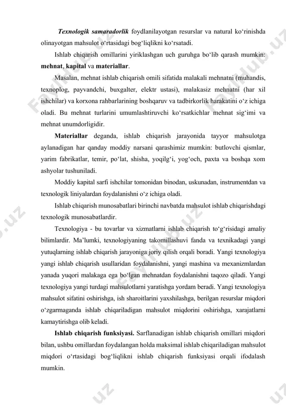 turdagi mahsulotlarni yaratishga yordam beradi. yangi texnologiya mahsulot sifatini oshirishga, ish sharoitlarini yaxshilashga, berilgan resurslar miqdori o‘zgarmaganda ishlab chiqariladigan mahsulot miqdorini oshirishga, xarajatlarni kamaytirishga olib keladi. ishlab chiqarish funksiyasi. sarflanadigan ishlab chiqarish omillari miqdori bilan, ushbu omillardan foydalangan holda maksimal ishlab chiqariladigan mahsulot miqdori o‘rtasidagi bog‘liqlikni ishlab chiqarish funksiyasi orqali ifodalash mumkin. q = f (k, l, m) q-maksimal ishlab chiqarish miqdori, k-kapital, l-mehnat, m-materiallar. agar ishlab chiqarish funksiyasi ikkita omilga bog‘liq bo‘lsa, unda ishlab chiqarish funksiyasi quyidagicha bo‘ladi. q = f (k, l) ishlab chiqarish funksiyasi faqat sarflangan mehnatga bog‘liq bo‘lsa, u holda, ishlab chiqarish funksiyasi quyidagicha bo‘ladi. q = f ( l) ishlab chiqarishda faqat ikkita omil – mehnat va kapitaldan foydalaniladigan ishlab chiqarishni ko‘rib chiqamiz. masalan, mebel ishlab chiqarish sexida mavjud texnologiya asosida sarflanadigan kapital va mehnatning ma’lum nisbatlari kombinatsiyasida stul ishlab chiqarilmoqda. kapital sarfi mehnat sarfi, (soatlarda) 1 2 3 4 5 1 30 50 60 …