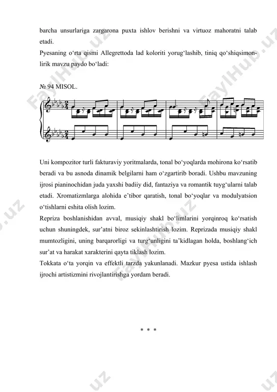 tayangan holda, o‘zbekona qirralarni ovro‘pacha kasbiy an’analar, xususan fransuz impressionistik maktabi an’analari bilan mohirona uyg‘unlashtirgan. rondosimon qirralarga ega, o‘z negizi bilan fransuz musiqa an’analari, xususan ramo, kuperenlarning klavesin uchun yozilgan asarlari an’analariga borib taqaladigan asarning shakli ham juda original. g.mushel tokkatasining shakllantirilishida rondo, uch qismli shakl, shuningdek, xx asr kompozitorlari ijodida rivojlanish olgan ritmik ostinatolilik kabi musiqiy material tashkilotining mumtoz tamoyillari o‘zaro ta’sirga kirishgan. tokkata shakli sxemasini quyidagicha ifodalash mumkin: a b a b1 a d-dur, e-moll d-dur, fis-moll d-dur d-dur-fis-moll-es miksolidiy d-dur mazkur tokkatada lad va garmonik detallar hamda ritmik ostinatolilikda namoyon bo‘luvchi dinamika ajoyib tarzda o‘zaro ta’sirga kirishadi. talaba bilan ushbu asar ustida ishlayotib o‘qituvchi uning tuzilish xususiyatlariga, kompozitsion strukturalarining originalligiga e’tiborni qaratishi lozim. shunday qilib, pyesaning boshlang‘ich tuzilmasi simmetriya tamoyili bo‘yicha tashkil etilgan: 1takt + 2takt + 1takt: № 95 misol. harakatning tokkataviy toifasiga miksolidiy bo‘yog‘iga ega bo‘lgan melodik jihatdan ravon, tugal to‘lqinsimon harakat qo‘shiladi. bu individual …