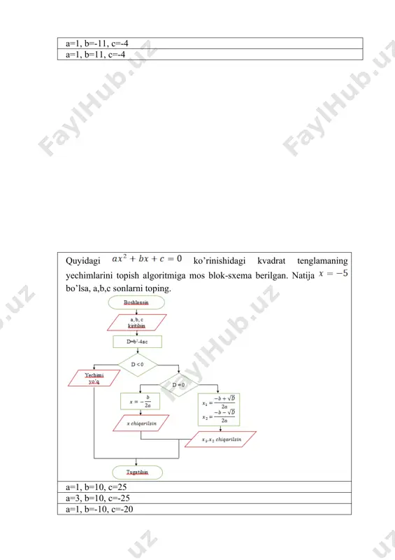 toping. a=3, b=-11, c=-4 quyidagi ko’rinishidagi kvadrat tenglamaning yechimlarini topish algoritmiga mos blok-sxema berilgan. natija bo’lsa, a,b,c sonlarni toping. a=1, b=10, c=25 python dasturida berilgan kod natijasini aniqlang. a=[] n=10 for i in range(2,n): for j in range(2,i): if i%j==0: break else: a.append(1) print(a) [1, 1, 1, 1, 1, 1, 1, 1, 1, 1] quyidagi ko’rinishidagi kvadrat tenglamaning yechimlarini topish algoritmiga mos blok-sxema berilgan. a = 1, b = - 2023, c = 2022 bo’lsa, tenglama yechimini toping. ms power point 2016. quyidagi uskunalar paneli qaysi menyuga tegishli? vid ms word 2016. oy, kun, yilni hosil qilish tezkor tugmasini toping? alt+shift+d a and not b or not c mantiqiy ifodaning rostlik jadvalidagi rost qiymatlar yig’indisini aniqlang. 31 ms excel. b1 katakda qanday formula bor ekanligini aniqlang. ms excel. b1 katakda qanday formula bor ekanligini aniqlang. ms excel. b1 katakda qanday formula bor ekanligini aniqlang. python. i=42 bo’lsa, quyidagilardan qaysi biri …