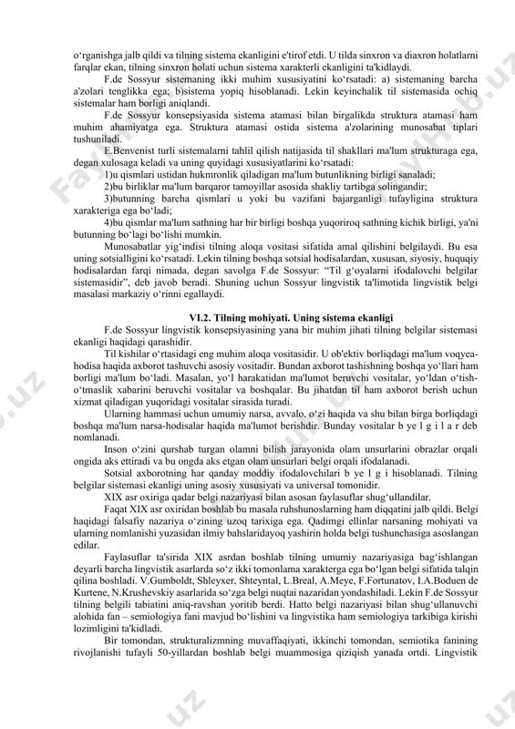 yvonot dunyosi va o‘simliklar olami bilan uzviy bog‘liq. hayvonot dunyosi, o‘z navbatida, o‘simliklar dunyosi bilan bog‘liq. agar o‘simlik bo‘lmasa, hayvonot olami normal yashay olmaydi. har qanday sistema ichki bo‘linuvchanlik xususiyatiga ega. sistema muayyan ichki tuzilishga ega bo‘lib, ikki va undan ortiq qismlarning o‘zaro munosabatidan tashkil topadi. masalan, bir tup daraxtni olsak, bu daraxt sistema sifatida ichki tuzilish birliklarining o‘zaro munosabatidan iborat. uning ichki tuzilish birliklari ildiz, tana, shox hamda ularning munosabatidan tashkil topadi. sistemaning ikkinchi jihati shundan iboratki, sistemani tashkil etgan uzvlar o‘zaro shartlangan, bir-birini taqozo etuvchi ko‘p pog‘onali munosabatda bo‘ladi. masalan, ildizsiz tananing, tanasiz shoxning bo‘lishi mumkin emas. ularning har qaysisi bir-birini taqozo etadi, bir-biri bilan shartlangan munosabatda bo‘ladi. sistemaning uchinchi jihati shundaki, har qanday sistema ichki bo‘linuvchanlik xususiyatiga ega bo‘lganligi tufayli sistemani tashkil etgan qismlar bilan sistema o‘rtasida ham munosabat bo‘ladi. f.de sossyurning tilshunoslik oldidagi katta xizmati shundaki, u tilni substansiya emas, balki shakl ekanligini e'tirof etdi va …