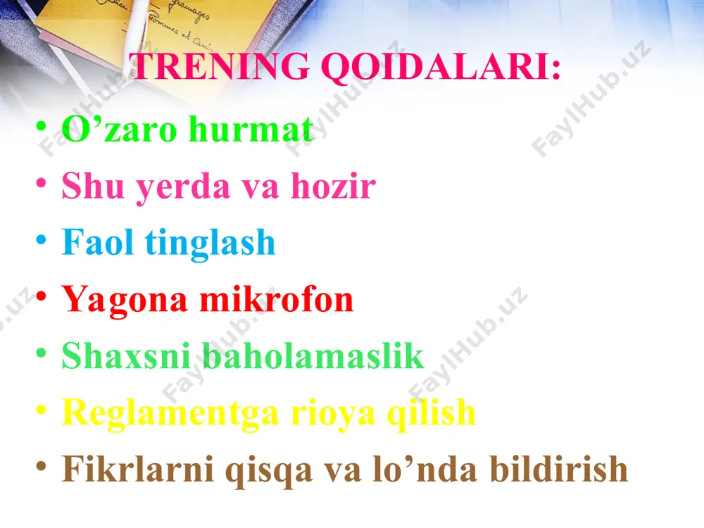 fakt kitob mutolaasi to’g’risida ilmiy faktlar: kitobga mehr uyg’otish uchun har kuni uyqu oldidan 30 daqiqa farzandingizga kitob o’qib bering. bitta kitobni mukammal o’qigan odam 500 ta muallif bilan suhbatlashishganga tengdir. bitta kitob yozish uchun inson 150 dan ortiq adabiyot o’qigan bo’lishi kerak, bo’lmasa kitob yozishga haqqi yo’q! aslida oliy ma’lumotli odamlar har oyda 3 tadan 5 tagacha kitob o’qishi kerak. kishining madaniy saviyasi – kitoblarning o‘qib chiqilgan soni bilan emas, uqib olingan soni ila o‘lchanadi. kitob o‘qishni odat qilgan shaxslar televizor ekranidan nari ketmaydigan kishilarni boshqara olishadi. kishi aqlli bo‘lib qolishi uchun 10 ta kitob kifoya. o‘sha o‘ntani topish uchun esa minglab kitoblarni o‘qib chiqishi kerak bo‘ladi. shaxsiy natijalar haqida so’zlab berish: xulosalarni to’plash trening so’ngida ishtirokchilariga treningdan olgan taassurot va xulosalarini yozib berishlari so’raladi. e’tiboringiz uchun tashakkur!