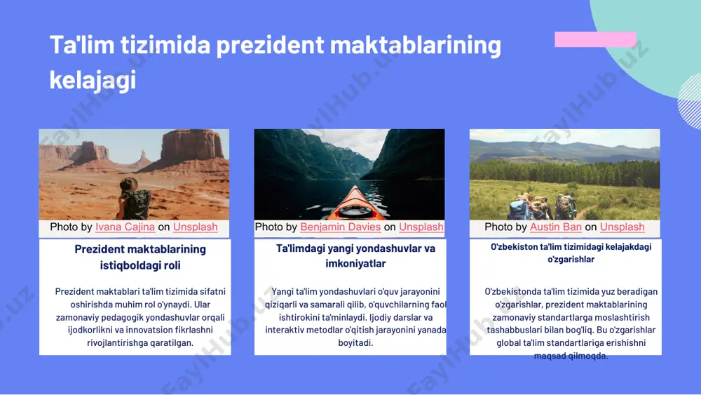 alari taqqoslanishi zarur. o'quvchilar yutuqlari prezident maktablarida o'quvchilar yuqori akademik natijalarga erishishadi, bu esa ularni ta'lim tizimida muvaffaqiyatli qiladi. ijodiy maktablar esa o'quvchilarning ijodiy qobiliyatini rivojlantirishga ko'proq e'tibor qaratadi, bu ularning ijodiy ko'rsatkichlarini oshiradi. swot tahlili prezident maktablarining kuchli tomonlari: yuqori akademik daraja va tajribali o'qituvchilar. zaif tomonlari: ijodiy faoliyatga kam vaqt ajratish. ijodiy maktablarning kuchli tomonlari: ijodiy usullar va motivatsiya. zaif tomonlari: akademik ko'rsatkichlarning pastligi. photo by ivana cajina on unsplash photo by benjamin davies on unsplash photo by austin ban on unsplash xulosa prezident maktablari ta'lim tizimidagi o'rni va maqsadlari quyidagilardan iborat: ta'lim sifatiga ijobiy ta'sir ko'rsatish, innovatsion metodlarni qo'llash va ijodiy fikrlashni rivojlantirish. ijodiy maktablar esa o'ziga xos metodlar orqali o'quvchilarning ijodiy qobiliyatlarini oshirishga qaratilgan. ushbu maktablar o'rtasida farqlar mavjud bo'lib, ta'lim uslublari va natijalaridagi muvaffaqiyatlar ham bu farqlarni ko'rsatadi. umuman olganda, maktablar o'rtasidagi ta'lim natijalari o'zaro raqobatni kuchaytiradi. photo by jonathan gallegos on unsplash e'tiboringiz uchun …