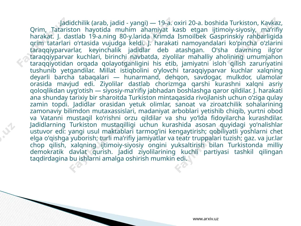 rishib, uning asosiy tamoyillarini shubha ostiga oldi. g. rossiya mustamlakasidagi barcha musulmon xalqlar maorifini tubdan isloh qilish, dunyoviy fanlarni oʻqitish masalasiga alohida eʼtibor berdi. boqchasaroyda dastlabki "usuli jadid" (yangi usul) maktabini ochdi (1884). turkiston general-gubernatori n. o. rozenbaxga musulmon maktablarini isloh qilishga doir loyihasini yubordi. rad javobini olgach, 1893 y. turkistonga oʻzi keldi, buxoro, samarkand, toshkentda boʻlib, taraqqiyparvar ziyolilar b-n uchrashuvlar oʻtkazdi. g. jadidchilik gʻoyalarini kengroq yoyish uchun "tarjimon" (1883 y. 10 alr. dan), "millat" (1908), "bolalar olami" (1908—15), "uygʻonish" (qohira, 1908, arab tilida) gaz.lari, "ayollar olami" jur. (1908—10), "xa-xa-xa!" hajviy haftanomasini chiqardi. jadid maktablari uchun "xoʻjai sibyon" ("bolalar muallimi") darsligini, "rahbari muallimin yoki muallimlarga yoʻldosh" (1898) kitobini yozdi. g. musulmon milliy ozodlik harakatining yoʻlboshchisi sifatida tanildi. u kavkaz, volgaboʻyi, misr va hindistonga borib, umummusulmonlar qurultoyini chaqirishga harakat qildi. butun rossiya musulmonlari 3 ta kongressi ishida faol qatnashdi (1905—06). dastlabki umummusulmon siyosiy partiyasi "ittifoq ul-muslimin"ni tuzish tashabbuskorlaridan biri boʻldi (1906). …