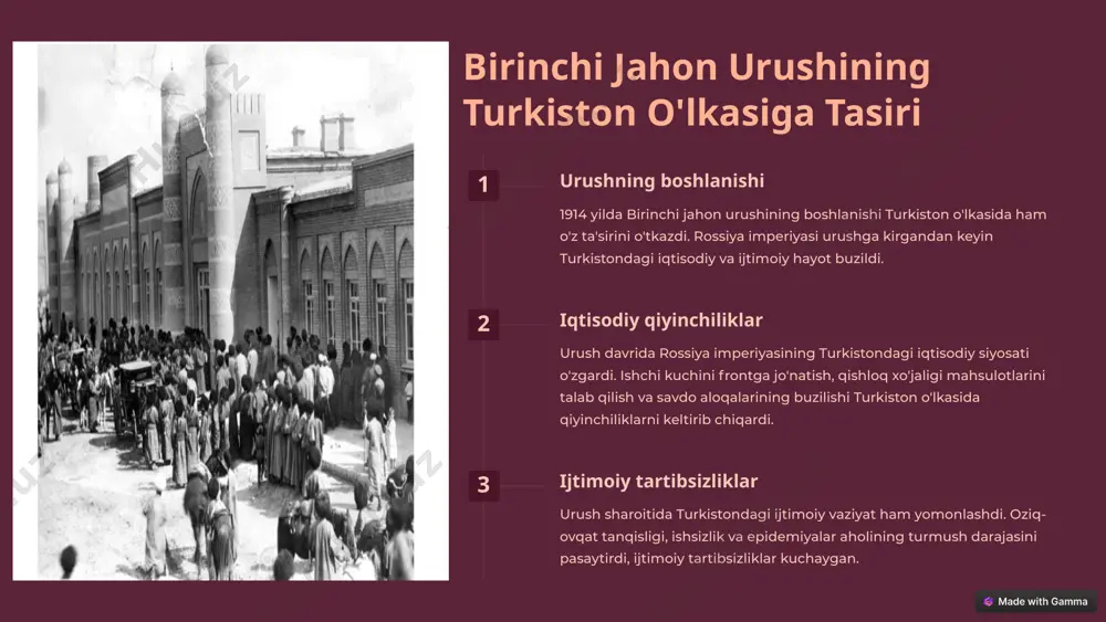 ak, oziq-ovqat va boshqa zaruriy buyumlar bilan ta'minlash toshkent harbiy sanoat qo'mitasi qo'shinlarni qurol-yarog', o'q-dorilar va boshqa harbiy texnika bilan ta'minlash samarqand harbiy sanoat qo'mitasi qo'shinlarni transport vositalari va boshqa harbiy texnika bilan ta'minlash 4 turkiston o'lkasida aholini mardikorlikka olish bo'yicha safarbarlikning elon qilinishi va uni amalga oshirilishi safarbarlikning e'lon qilinishi 1916 yilda rossiya imperiyasi birinchi jahon urushi uchun turkistondan ishchi kuchini jalb qilishga qaror qildi. mardikorlikka olish 1916 yilda turkistondagi barcha erkaklar (19 yoshdan 43 yoshgacha) frontda ishchi kuch sifatida xizmat qilish uchun chaqirildilar. qarshilik turkiston aholisi mardikorlikka olishga qarshilik ko'rsatdi. bu norozilik namoyishlari va qarshiliklarga olib keldi. 5 1916 yil qo'zg'aloni keltirib chiqargan ijtimoiy-iqtisodiy va siyosiy sabablari 1 iqtisodiy sabablar urush davrida turkistonda qashshoqlik va oziq-ovqat tanqisligi kuchaygan. 2 ijtimoiy sabablar turkiston aholisi rus hukumatining siyosati va mustamlakachilik zulmidan charchagan edi. 3 siyosiy sabablar turkistondagi milliy ozodlik harakati kuchaygan. turkiston xalqlari o'z mustaqilligini xohlagan. 6 1916 yil turkiston …