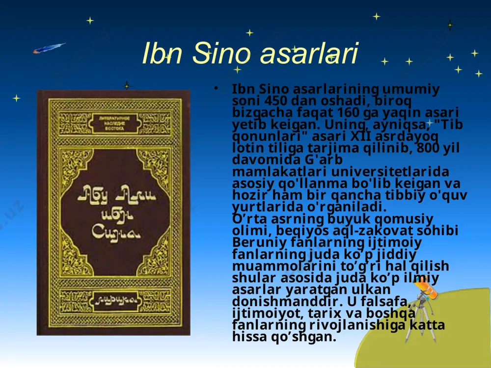 ergan. bu usulyevropada 500 yildan keyin. 1514 yili astronom verner tomonidan qaytadan kashf qilingan.allomaning, ayniqsa,tibbiyot sohasida ta’limoti bebahodir. bobokalonimizning bemorga tashxis qo’yish usullaridan ayrimlari hozircha ham qadrini yo’qotgani yo’q. u abadiy davom etadi istiqlol – abu ali ibn sinoning izzat-hurmatini, qadrini, xotirasinigina emas, uning g’oyalarini ham tikladi. bobokalonimiz “aqsom al-ulum al aqliya”(aqli ilmlar tasnifi) asarining amaliy falsafa qismida insonlar o’zaro totuv,hamkorlikda, bir-birlariga ko’mak berishga shay holatda yashasalar,o’zaro kelishilgan qonunlar asosida jamiyatda adolatni barqaror qilsalar,yuksak axloqiy hislatlar:to’g’riso’zlik,qat’iyat,kamtarlik,jasurlik, sofdillik, tashabbuskorlik jamiyat va uning a’zolari fazilatiga aylansa,qabul qilingan qonunlar ustuvor bo’lsa,unga bo’ysunib ish yuritish taomilga kirsa,ideal jamiyat shu mavjud dunyoda barpo rtish mumkin,deb ta’kidlaydi.mustaqilligimizning ilk kunlaridan bugunga qadar biz yurtboshimiz rahnamoligida ana shunday barqaror jamiyat sari qadam tashlanayotganini ko’ramiz tib ilmining sarvari. abu ali al-husayn ibn abdulloh ibn al-hasan ibn ali sharqda ibn sino, g’arbda avisenna nomi bilan tanilib, tibbiyot fanining asoschisi sifatida bashariyat tamadduni tarixida o’chmas saxifa yaratdi. bu saxifa, mana, ming …