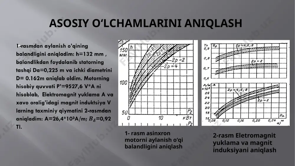 oʻlgʻam oʻraladigan qismining balandligini asosiy oʻlchamlardan foydalanib aniqlab oldim. motorni ish rejimlari hamda quvvat isroflarini hisob kitob qildim . motor ishga tushgandan soʻng motorda sodir boʻladigan ish xarakteristikalarini va ishga tushish xarakteristikasini hisoblangan qiymatlar asosida loyihalaniyotgan motorni grafiklari tuzib chiqdim. motorni tashqi muhitga bogʻlikligini hisobga olib issiqlik hisobini aniqlab kurs loyihasini yakunladim. foydalanilgan adabiyotlar salimov. j. s , pirmatov . n. b “elektr mashinalar” t oʻzbekiston 2011 408 b. salimov. j. s , pirmatov. n. b “ elektr mashinalar” kasb-hunar kollejlari uchun oʻquv qoʻllanma t oʻqtuvchi nmti, 2005 ,240 b antonov m.v., gerasimova l.s. texnologiya proizvodstva elektricheskix mashin. – m.:energoizdat, 1982.–512 s. asinxronnie dvigateli serii 4a. spravochnik/a 90 a.e. kravchik, m.m. shlaf, v.i. afonin, ye.a. sobolenskaya.–m.:energoizdat, 1982.–504 s., il. lixachev v.l. elektrodvigateli asinxronnie.–m.: solon–r,2002.–304 s google.com , ziyouz.com , kursovoyrf.ru , energo1.com image2.png image4.png image3.jpeg image4.jpeg image5.png image6.jpeg image7.png image8.png image9.png image10.png image11.png image12.png image13.png image14.png image15.png /docprops/thumbnail.jpeg
