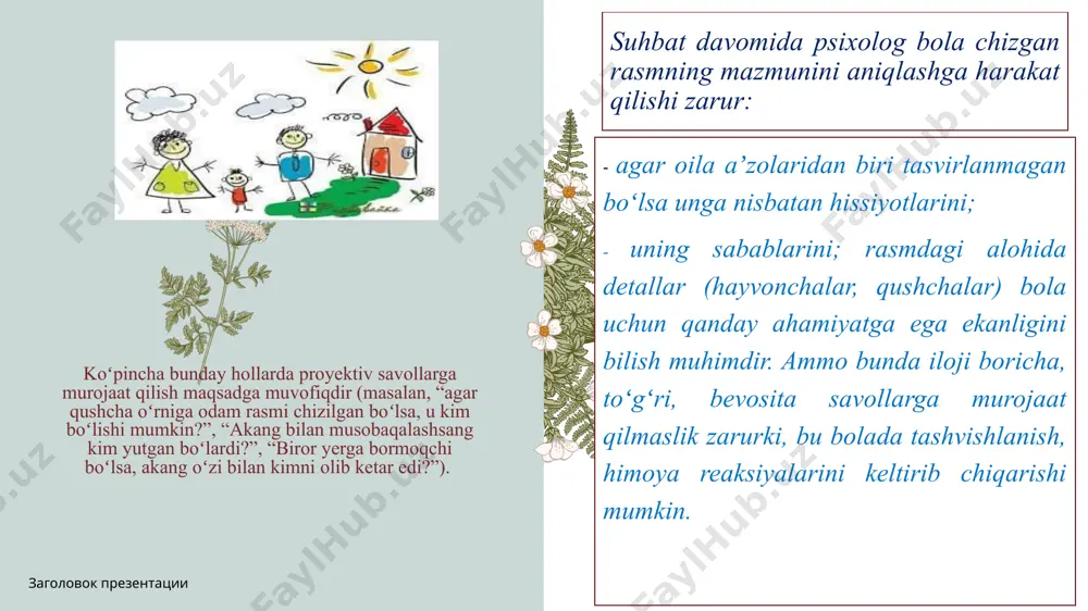 sh, boshqa odamlar xulq-atvorini jismoniy nazorat qilish vositasi hisoblanadi. agar bola qoʻllarini baland koʻtargan holda tasvirlagan boʻlsa, barmoqlari uzun boʻlsa, bu koʻpincha uning agressiv istaklari bilan bogʻlangan boʻladi. baʼzida tashqi koʻrinishdan yovvoyi koʻringan bolalar ham shunday rasm chizadilar. bunday bolalar atrofdagilarga nisbatan dushmanlikni his qiladilar, ammo uning agressiv xulq-atvori bosilgan. bu shuningdek, oʻz zaifligini kompensatsiya qilish, kuchli boʻlish istagi, hokimlik xohishidan ham darak berishi mumkin. agar bola “agressiv” qoʻllar bilan bir qatorda keng yelka va shunga oʻxshash mardlik va kuch atributlari, timsollarini tasvirlasa, bu tavsif yanada ishonchli boʻladi. masalan, 6 yoshli qiz rasmida onasi otasidan 3-marta katta qilib chizilgan. bu oilada ona avtoritar rahbar boʻlib, dominantlik qiladi. baʼzi bolalar oʻzlarini hammadan katta yoki ota – onalari bilan teng qilib chizadilar. bu – esa bir tomondan, bola egotsentrizmidan, ikkinchi tomondan qarama-qarshi jinsdagi ota yoki onaga “raqobatchi” ekanligini taʼkidlash maqsadida qilinadi. shu bilan birga “raqibini” kichraytirish yeki umuman chizmaslik hollari ham uchrashi …