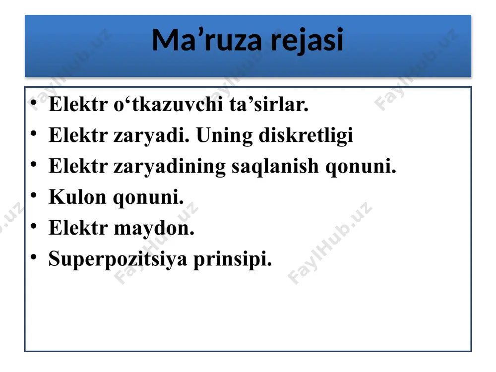 al metall sterjenga tegmaydigan qilib yaqinlashtiramiz. elektronlar metall sterjenni tashlab chiqib ketmasa ham, ular zaryadlangan buyum yo‘nalishida ko‘chadi; sterjenning qarama-qarshi uchida musbat zaryad yuzaga keladi. bu holda metall sterjenning uchlarida zaryad induksiyalanadi (yoki to‘planadi) deyiladi. hech qanday yangi zaryadlar paydo bo‘lmasligi tushunarli: shunchaki zaryadlar bo‘lindi, sterjen umuman neytralligicha qoldi. biroq agar bir sterjenni o‘rtasidan ko‘ndalangiga kesganimizda edi, u holda biri manfiy zaryadlangan, ikkinchisi - musbat zaryadlangan ikkita buyumga ega bo‘lar edik. induksiyalangan zaryad. a – neytral metall sterjen; b – metall sterjen umuman neytral, lekin uning uchlarida zaryadning bo‘linishi yuz beradi. yerga ulangan obʼektda induksiyalangan zaryad. elektroskopga a – induksiya hisobiga va b – o‘tkazuvchanlik hisobiga zaryad berish. avvaldan zaryadlangan elektroskopdan nomaʼlum zaryadning ishorasini aniqlashda foydalanish mumkin. elektr zaryadi musbat va manfiy deb shartli atalgan ikki turdagi elektr zaryadlari mavjuddir. zaryadlar bir jismdan ikkinchisiga uzatilishi mumkin. elektr zaryadi berilgan jismning daxlsiz xususiyati emas, chunki shu jism turli holatlarda har xil …