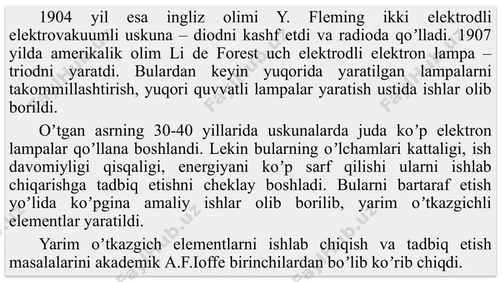 a harakatlanganda energiya yutiladi, teskarisiga, yaʼni yuqori energetik sathdan pastki energetik sathga harakatlanganda esa energiya ajraladi (chiqariladi). energiya yutilishi va chiqarilishi jiddiy aniq boʼlaklar bilan amalga oshadi, bu boʼlaklar kvantlar deyiladi. har bir energetik sathda ikkitagacha elektron joylashishi mumkin. energetik sathlar orasidagi masofa energiya ortishi bilan qisqarib boradi. energetik sathning eng yuqorisida ionlashtirish sathi turadi. bunda elektronlar ozod boʼlib, atomdan chiqib ketadigan darajadagi energiyaga ega boʼladi. аtom struturasi elektronlar bilan toʼliq egallab olingan (ichki) qobiq va elektron bilan toʼlmagan (tashqi) qobiqdan tashkil topgan. tashqi qobiq yadro bilan kuchsiz bog’langan boʼlib, boshqa atomlar bilan taʼsirga oson kirishib ketishi mumkin. bu qobiqda joylashgan elektronlar valentli elektronlar deyiladi. аtomlar orasida turli xil bog’lanishlar mavjud. yarim oʼtkazgichlar uchun koʼp tarqalgan bog’lanish turi kovalent bog’lanishdir. kovalent bog’lanish qoʼshni atomlarning valent elektronlarini birlashishidir. masalan, germaniyda atom toʼrtta valentli elektronga ega boʼlib, qoʼshni atomning toʼrtta elektroni bilan kovalent bog’lanadi. а) 1.1- rasm. a) atomning kristall panjaralardagi strukturaviy …