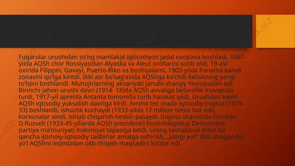 an soʻng aqsh oldida qarzdor boʻlib qoldilar amerika kompaniyalari urush davrida jami 35 mlrd. dollar foyda koʻrishdi. 1933-yil 12-mayda fermerlarga yordam haqidagi qonun qabul qilindi. ularning mahsulotlariga boʻlgan narxlarni oshirish zarur edi. fermerlarga ekinzorlar maydonini va chorva turini qisqartirish haqida davlat bilan kontrakt tuzish taklif etildi. buning uchun ularga mukofotlar berildi. fermerlarning qarzlari davlat hisobiga qabul qilindi va nomaʼlum muddatga toʻxtatib qoʻyildi. davlat yuzminglab fermerlarga kredit berdi. norentabel fermalar tugatildi. „yangi yoʻnalish“ aqshdagi ijtimoiy munosabatlarni liberallashtirish uchun ijtimoiy qonnunchilik sohasida muhim siljishni amalga oshirildi. 1935-yili aqsh kongressi "vagner qonuni " ni qabul qildi.mazkur qonun boʻyicha ishchilar jamoaviy shartnomalar tuzish huquqiga va ish tashlash huquqiga ega boʻlishdi.kasaba uyushmalari huquqlarining va ish tashlash huquqining tan olinganligi ishchilar sinfining oʻz saflari birligi uchun kurashiga yangi turtki berdi. kasaba uyushmalari soni koʻpayib ketaboshladi. tan olingan markaz — amerika mehnat federatsiyasi bilan birga yangi kasaba uyushma tashkiloti — ishlab chiqarish kasaba uyushmalari komiteti paydo boʻldi. …